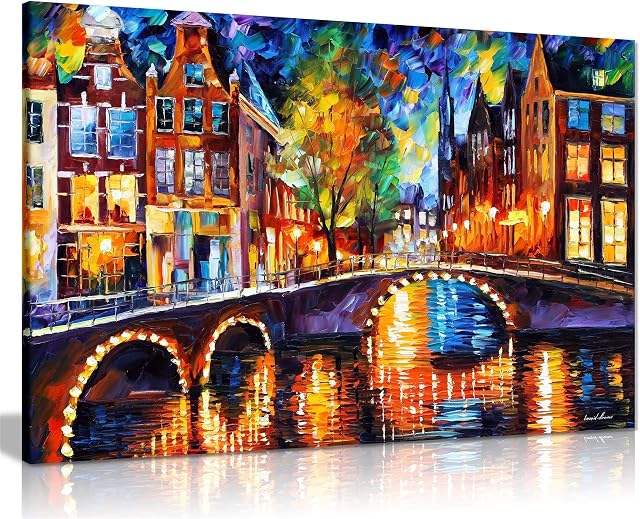 The Bridges of Amsterdam by Leonid Afremov Canvas Wall Art Picture Print for Home Decor (12x8)