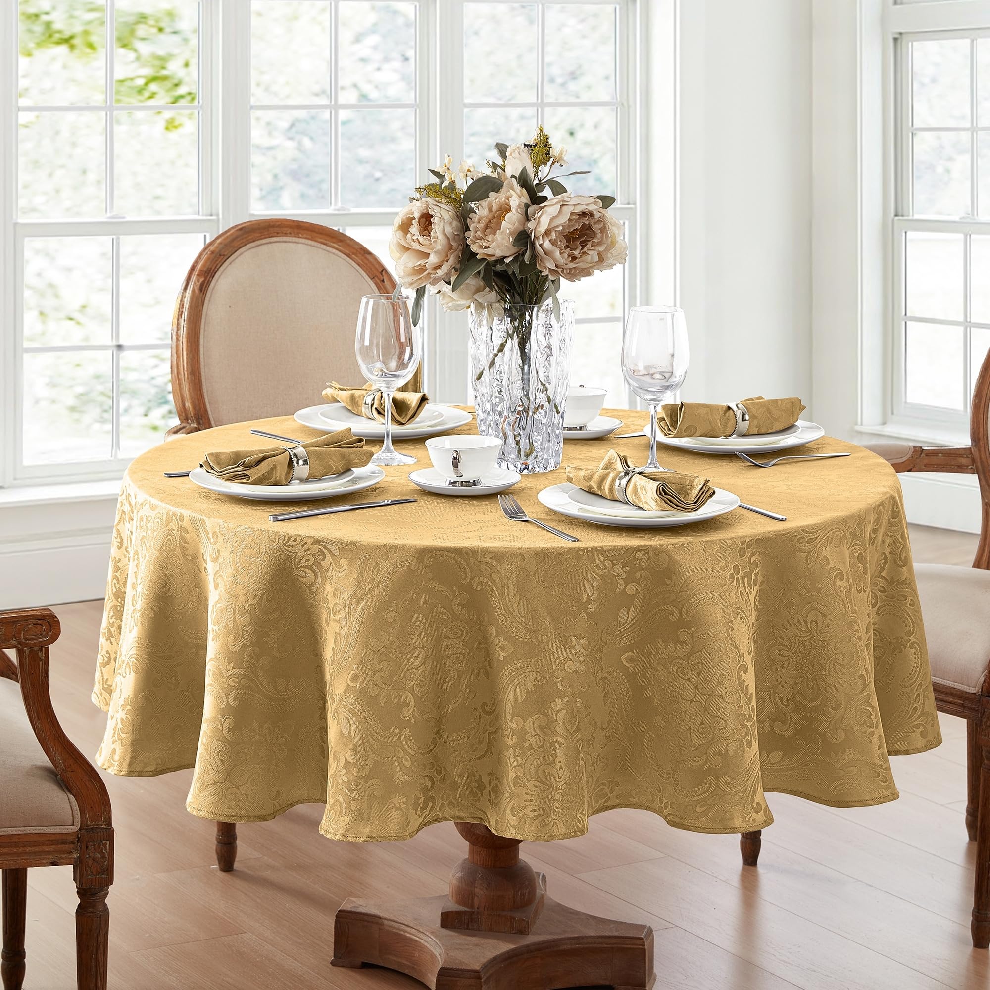 Elrene Damask Tablecloth, Polyester, Gold, 84" x 60" (Oval), 84 x 60 inch (Oval)