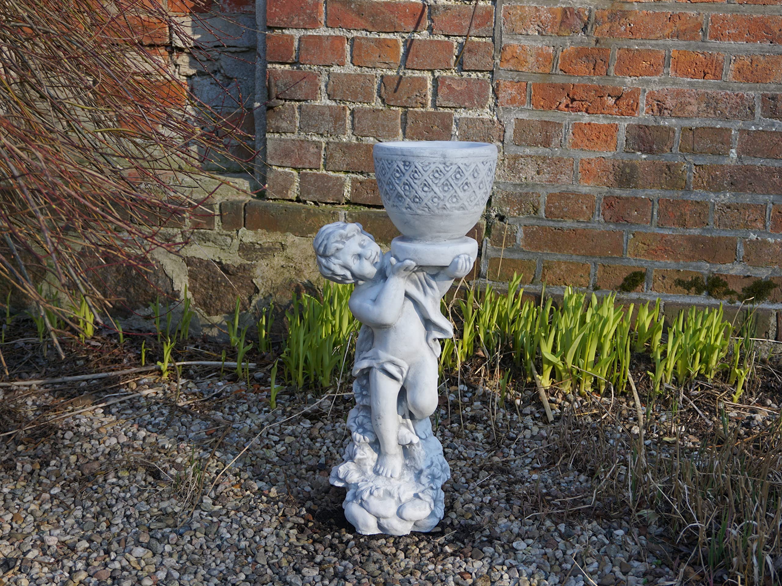 gartendekoparadies.de Junge mit Blumentopf Pflanzgefäß aus Steinguss, H. 66 cm, 2 Liter, 23 kg, Grau, frostsicher für Außenbereich