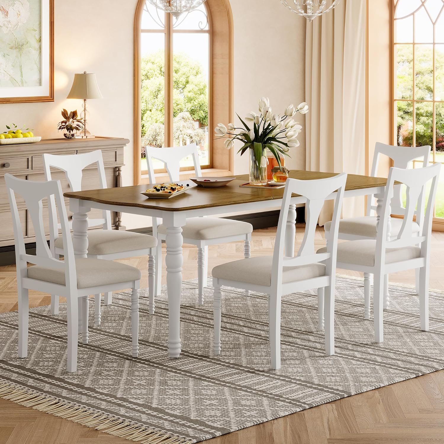 7-Piece Dining Table Set, 60inch to 78inch Extendable Wood Dining Table with Removable Leaf, Kitchen Table Set with 6 Upholstered Side Chair, Dining Table Set for 6, Natural+White