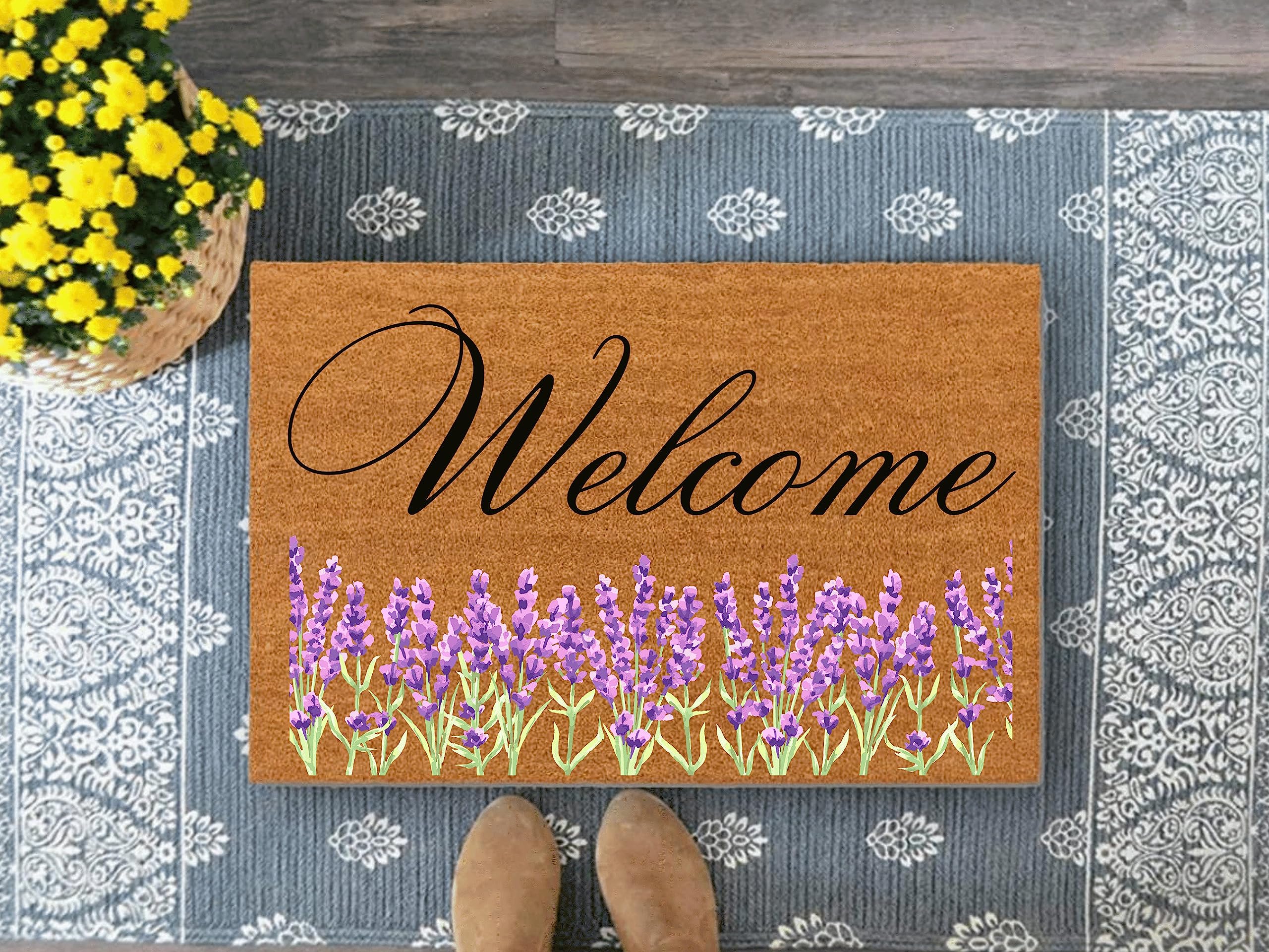 Lavender Welcome Mat,Welcome Doormat,with Non-Slip Rubber Flannel Floor Mat,Housewarming Gift,Porch Decor 36X24 Inch