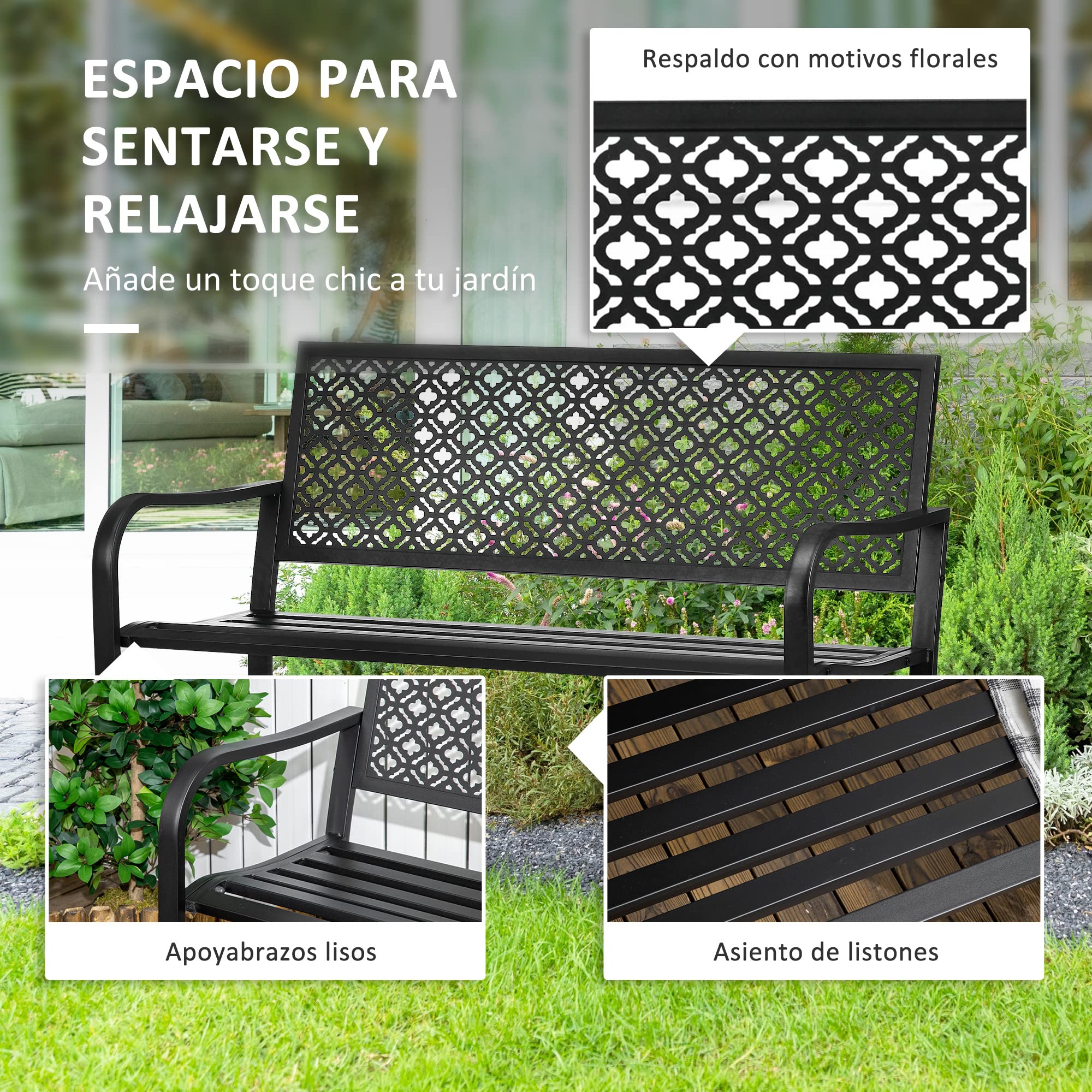 Outsunny Banco de Jardín de Acero Banco Exterior 127x63x83 cm Negro | 2 Plazas, Respaldo Decorativo Estampado, Terraza Balcón Patio, Carga 240 kg