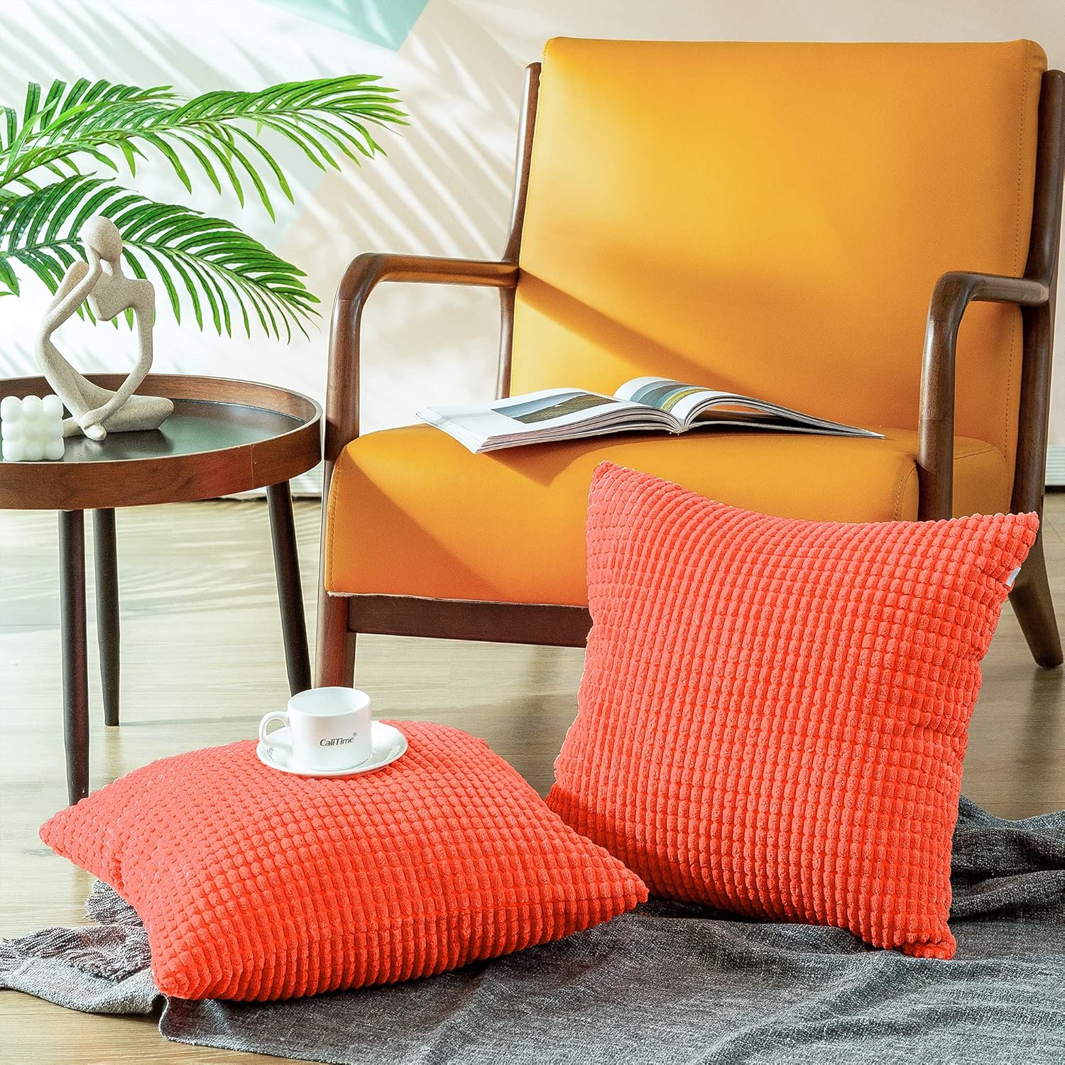 CaliTime Throw Pillow Covers Pack of 2 Comfy Corduroy Corn Striped Waffle Decorative Cushion Cases for Couch Sofa Bed Farmhouse 24 X 24 Inches Living Coral