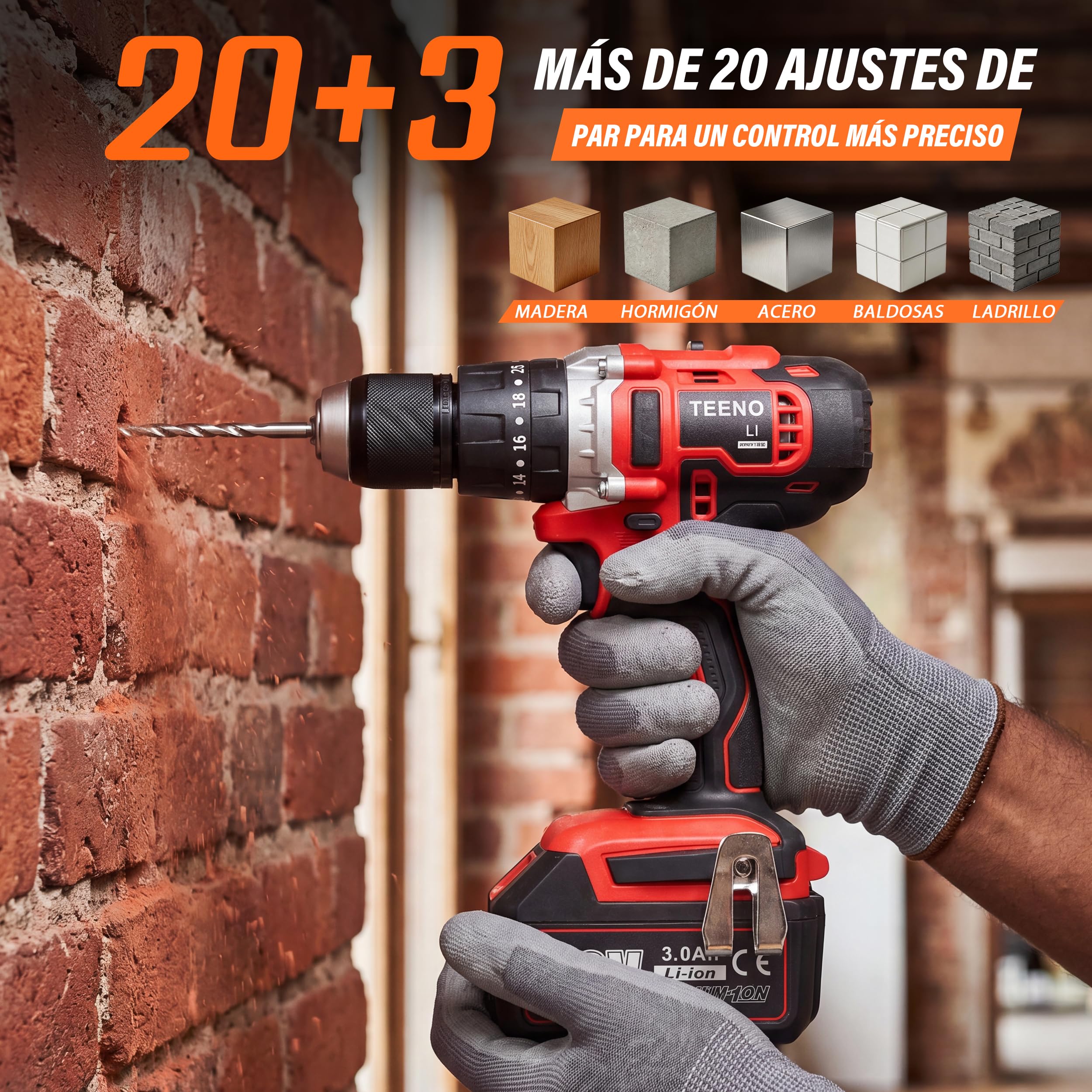 TEENO Herramientas, atornillador, llave impacto y amoladora angular batería | Equipado motor sin escobillas, pilas 3Ah y vel regulable, juego herramientas completo apto para corte, taladrado y apriete