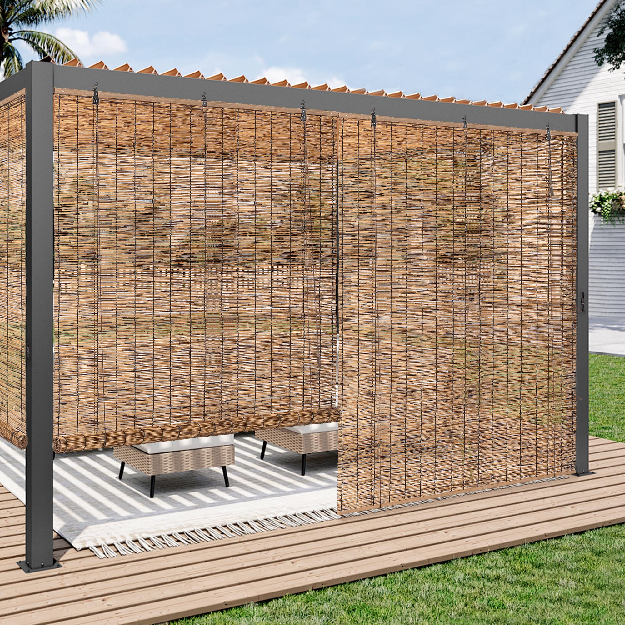 Paramondo Outdoor Roller Shades for Patio, Exterior Waterproof Reed Roller Blinds, Outdoor Bamboo Shades for Patio, Roll Up Screen for Porch, Pergola, Balcony, Gazebo, 26" W x 72" L, Brown