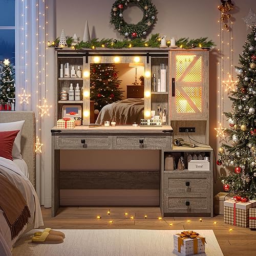 EnHomee 47.2" Farmhouse Makeup Vanity Desk with Sliding HD Mirror and Lights, Vanity Table with 4 Drawers & RGB Cabinets, Modern Lighted Vanity Table for Bedroom, Light Rustic Oak