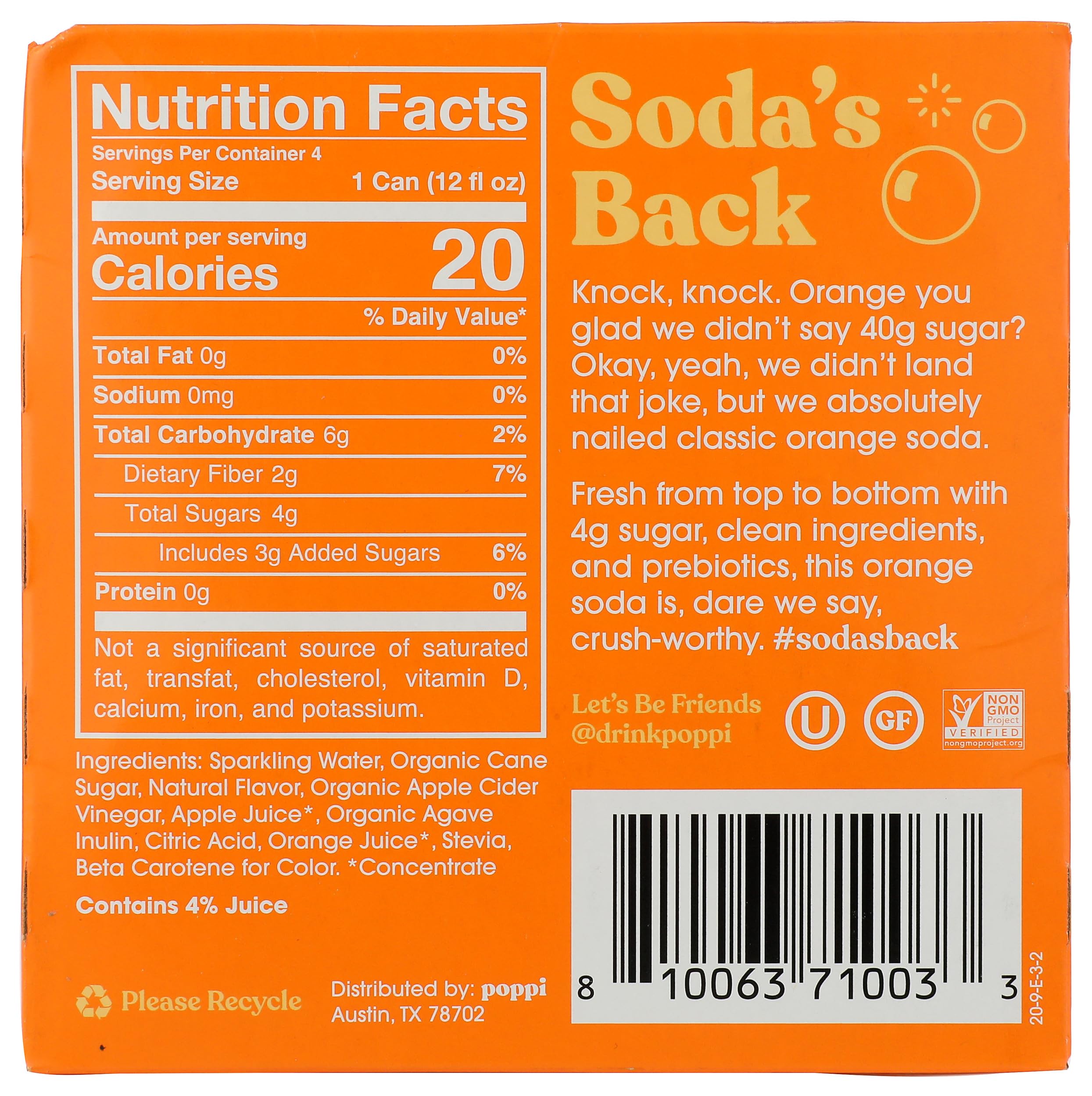 Poppi Orange Prebiotic Soda 4 pack