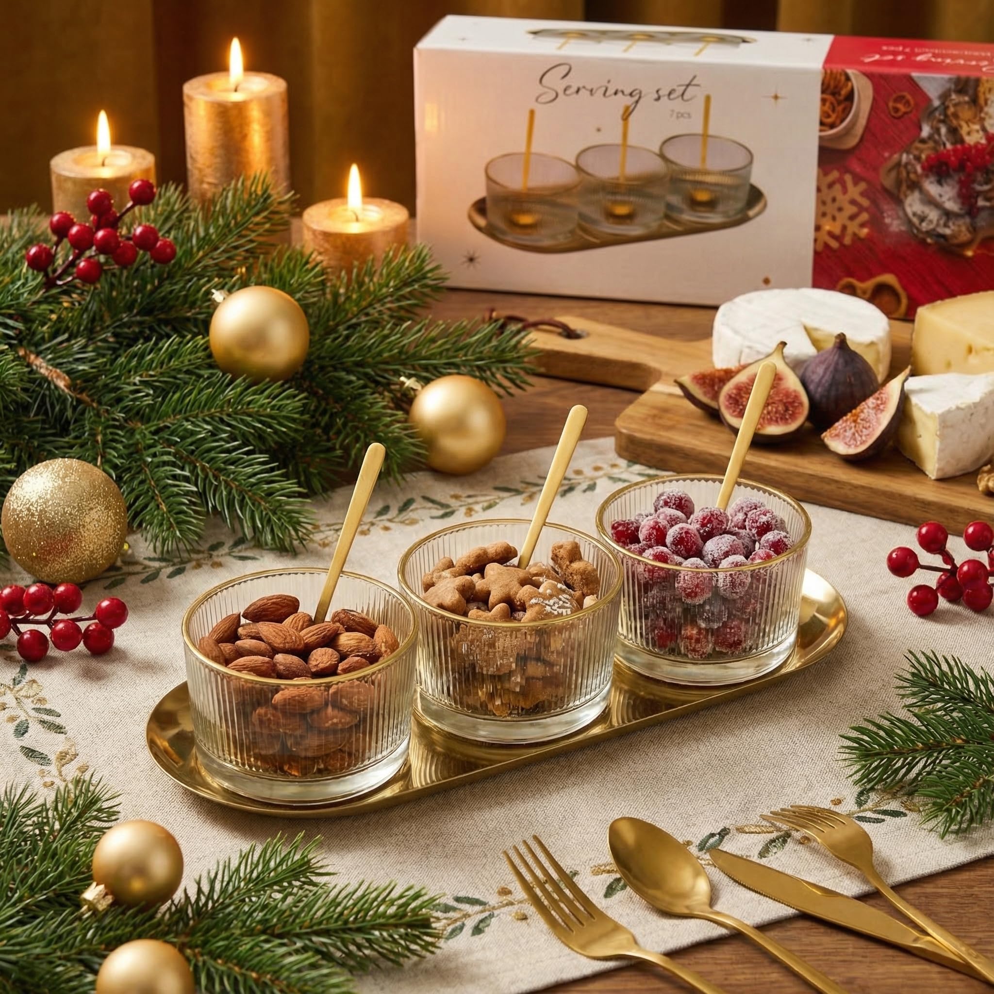 MIJOMA Serveerset 4-delig - 3 geribbelde glazen schalen met zwart houten dienblad - Stijlvolle snack- & dipset - Modern tafelaccessoire - voor serveren en decoreren
