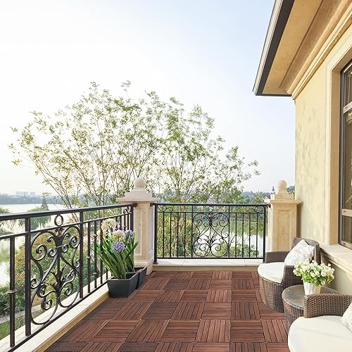 Miniatura 17 de Azulejos entrelazados de 12 x 12 x 0.94 pulgadas FSC de madera dura de acacia marrón oscuro para decoración de patio, azulejos para exteriores e