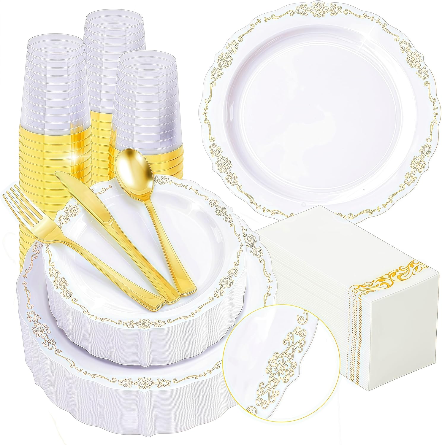 Fijinhom 350 PCS White and Gold Disposable Plates, Elegant Dinnerware Set for 50 Guests, 100 Plastic Plates, 150 Silverware, 50 Cups & 50 Paper Napkins, White and Gold