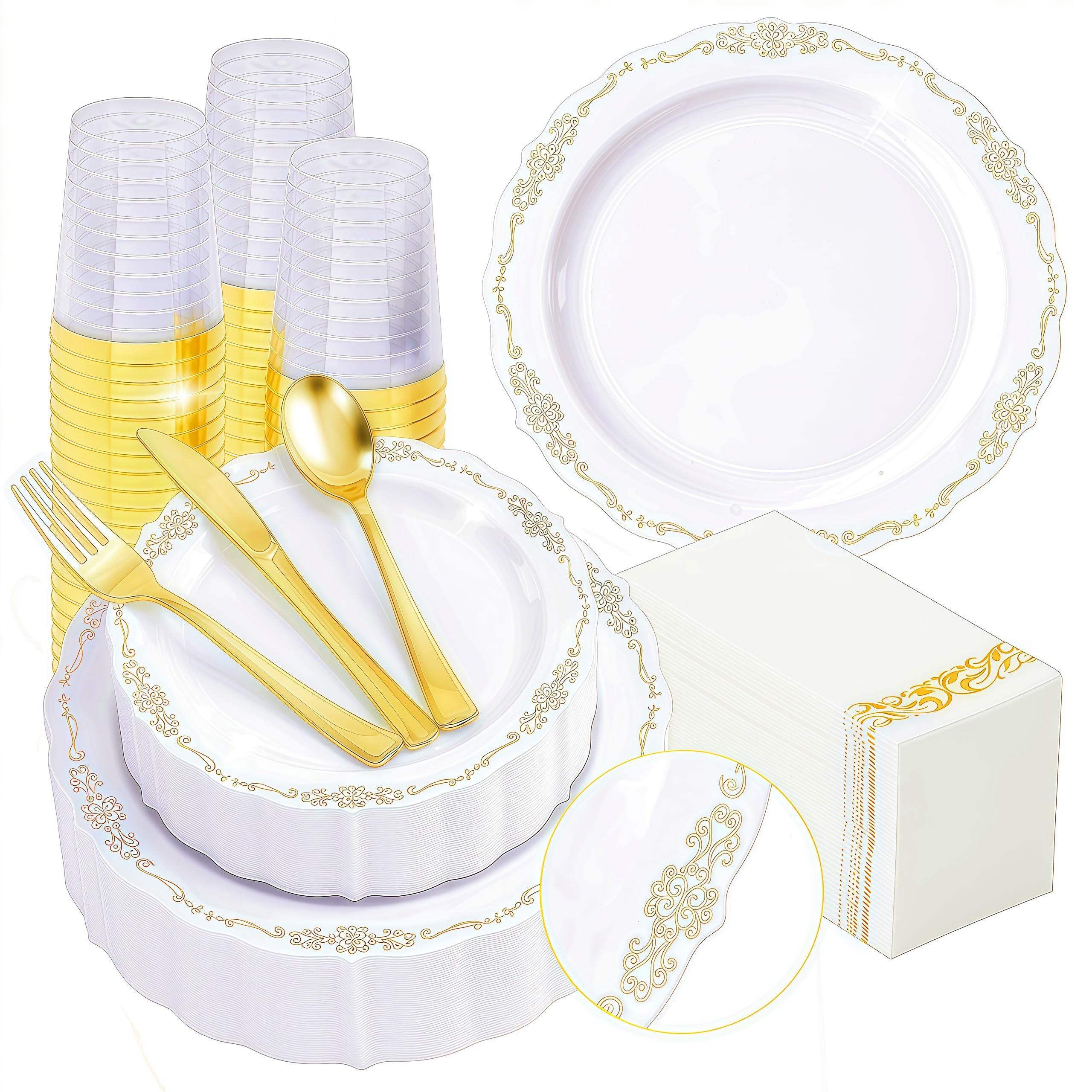 fijinhom 350 pcs white and gold disposable plates, elegant dinnerware set for 50 guests, 100 plastic plates, 150 silverware, 50 cups & 50 paper napkins, white and gold