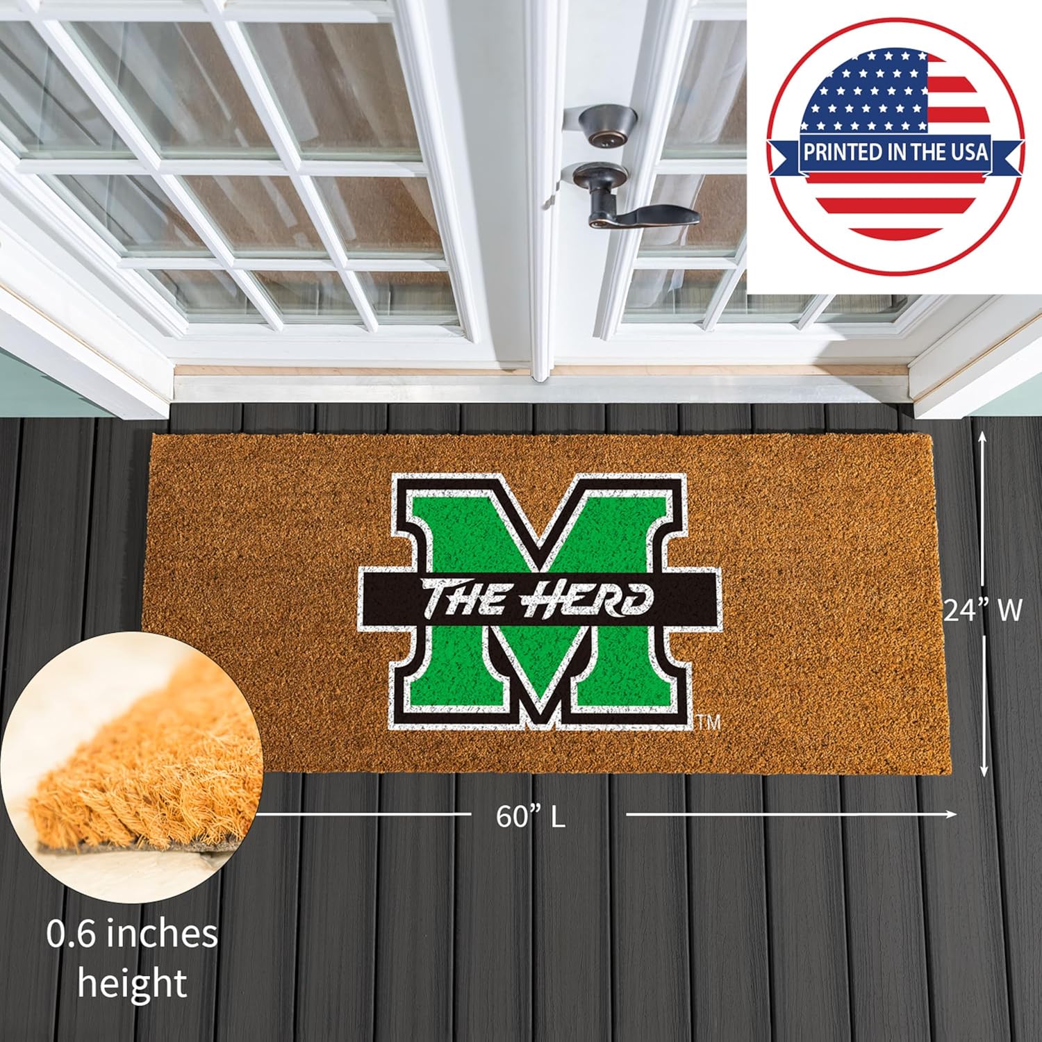 Team Sports America NCAA Marshall University Coir Doormat 60"x24", Officially Licensed Team Logo, Extra Large Front Door Mat, Non-Slip Entrance Rug, Welcome Mat for Double Doors Porch Patio