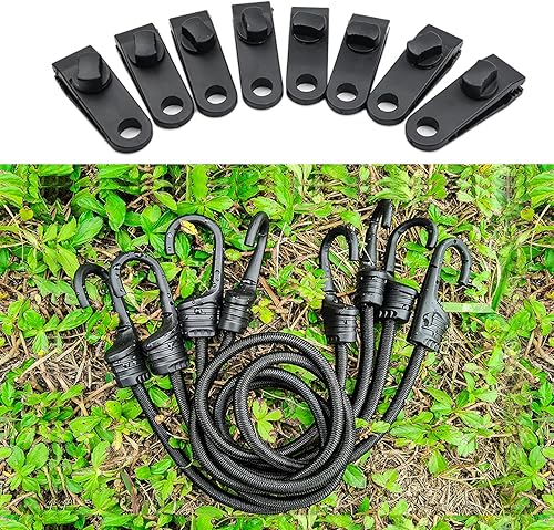 Miniatura 7 de Cuerda elástica de 24 pulgadas con ganchos dobles, paquete de 4 correas elásticas de 0.315 pulgadas y 8 clips de lona, correas elásticas negras para