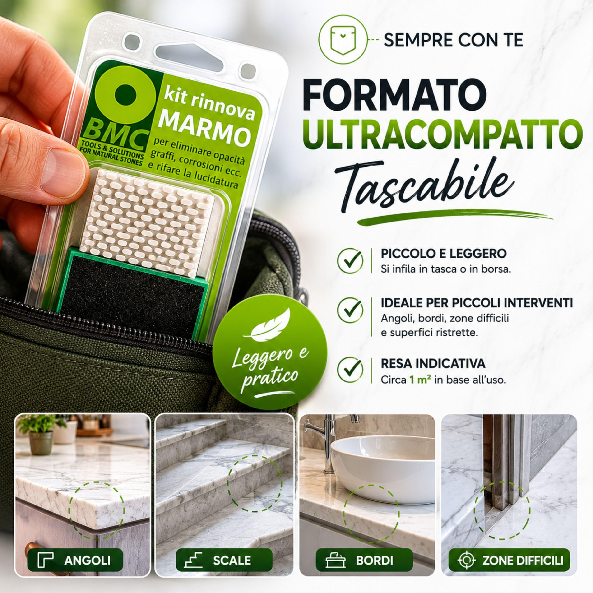 PIETRE D'ALPI Kit Lucidatura Marmo Manuale + BMC Saponetta Lucidante | Abrasivi diamantati grane 200-1500, polvere lucidante, saponetta chimica solida, uso a mano su marmo e pietre calcaree