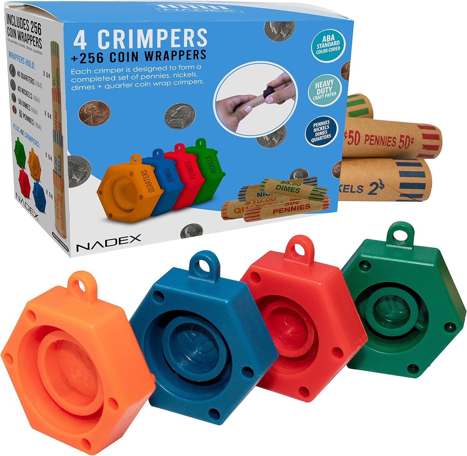 Nadex 256 Assorted Preformed Crimped End Coin Roll Wrappers with Color Coded Coin Wrapper Crimping Tool (Patent Pending), 64 Each of Nickels, Dimes, Pennies and Quarters
