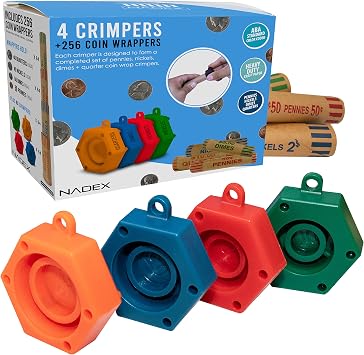 Nadex 256 Assorted Preformed Crimped End Coin Roll Wrappers with Color Coded Coin Wrapper Crimping Tool Patent Pending, 64 Each of Nickels, Dimes, Pennies and Quarters
