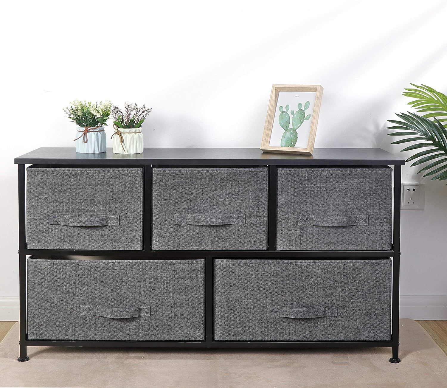 HomGarden Extra Wide Dresser with Drawers, Fabric Storage Tower Organizer Unit with Easy Pull Handle, Hallway, Entryway, Gray