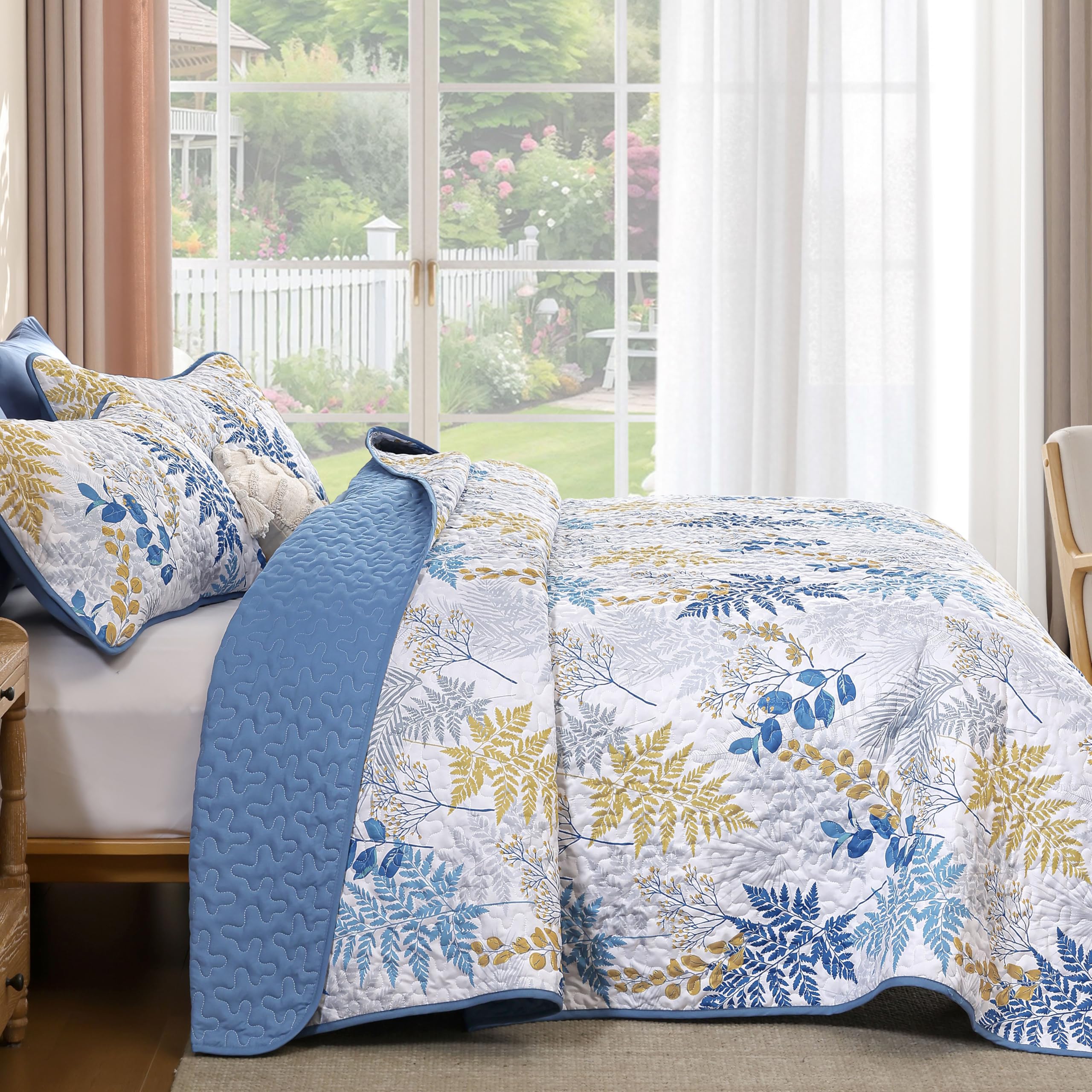 WONGS Bedding Couvre-lit botanique 3 pièces avec Motif de Feuilles – Couvre-lit réversible en Microfibre légère pour Toutes Les Saisons (243,8 x 228,6 cm), Bleu Marine