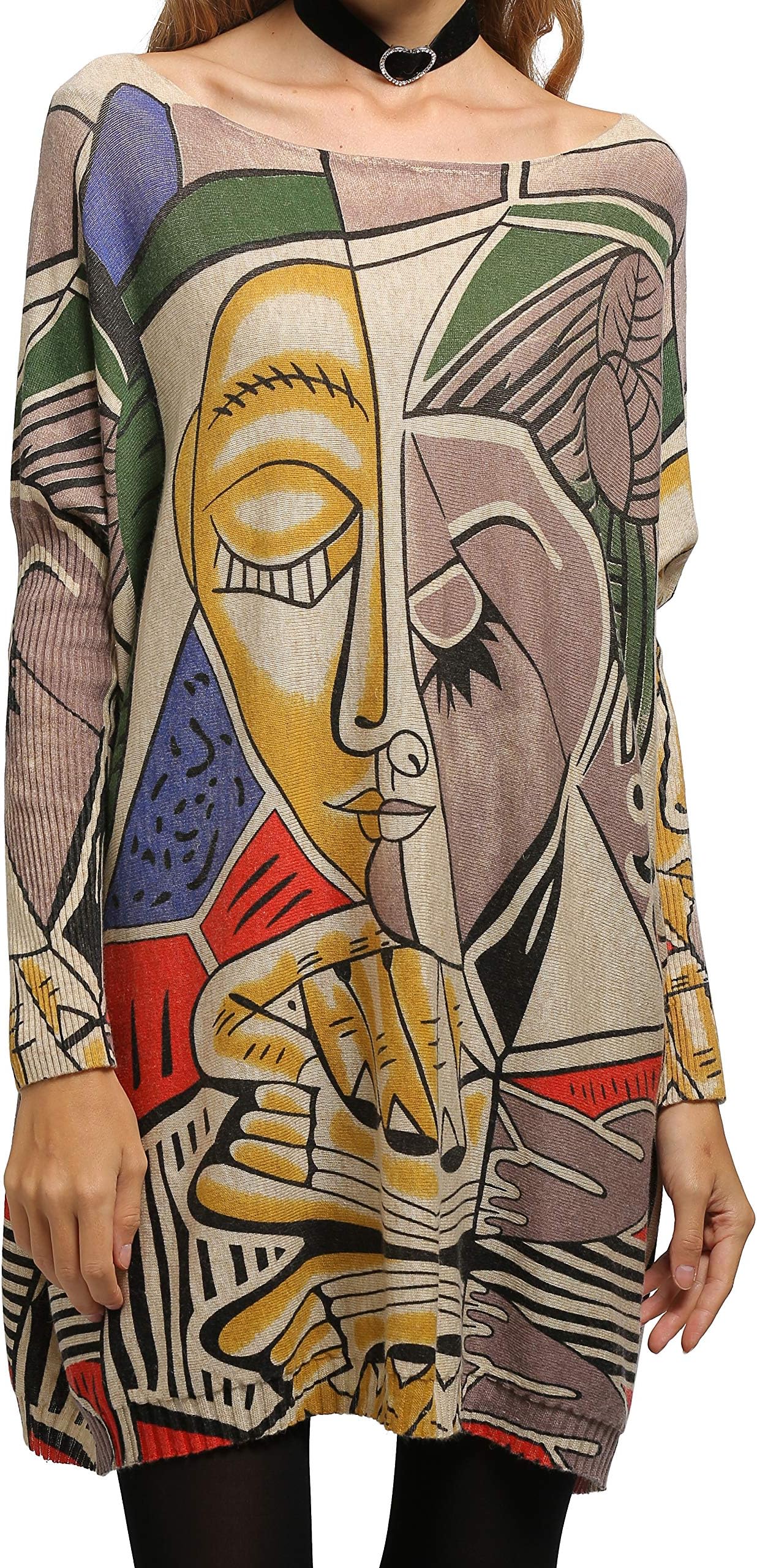 ellazhuellazhu Women's Fall Long-Sleeve Loose Casual Boho Graphic Plus Size Hippie Artsy Tribal Unique Sweater DH09