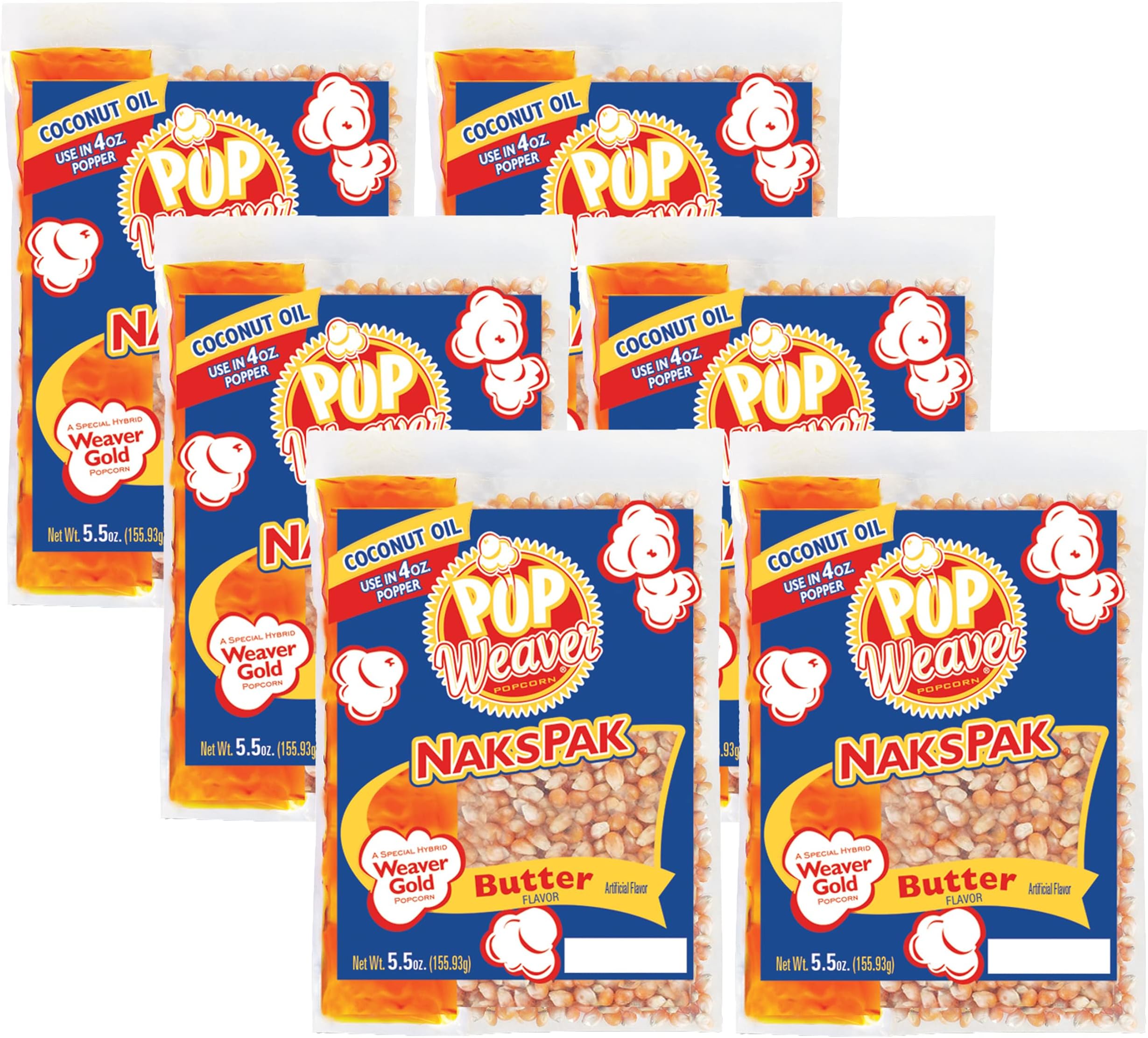 Pop Weaver Naks Pak - 5.5oz Butter Flavored Coconut Oil and Popcorn Packs - For Use in 4oz Popper Popping Machine - 6 Pack