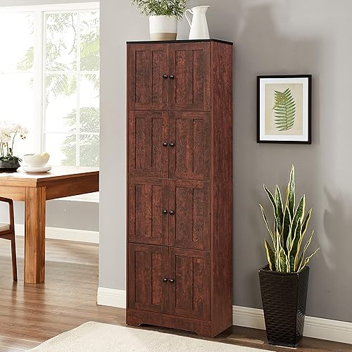 Miniatura 1 de Armario de 72 pulgadas de alto armario de almacenamiento de pared con 8 puertas y 4 estantes para baño cocina sala de estar o dormitorio nogal