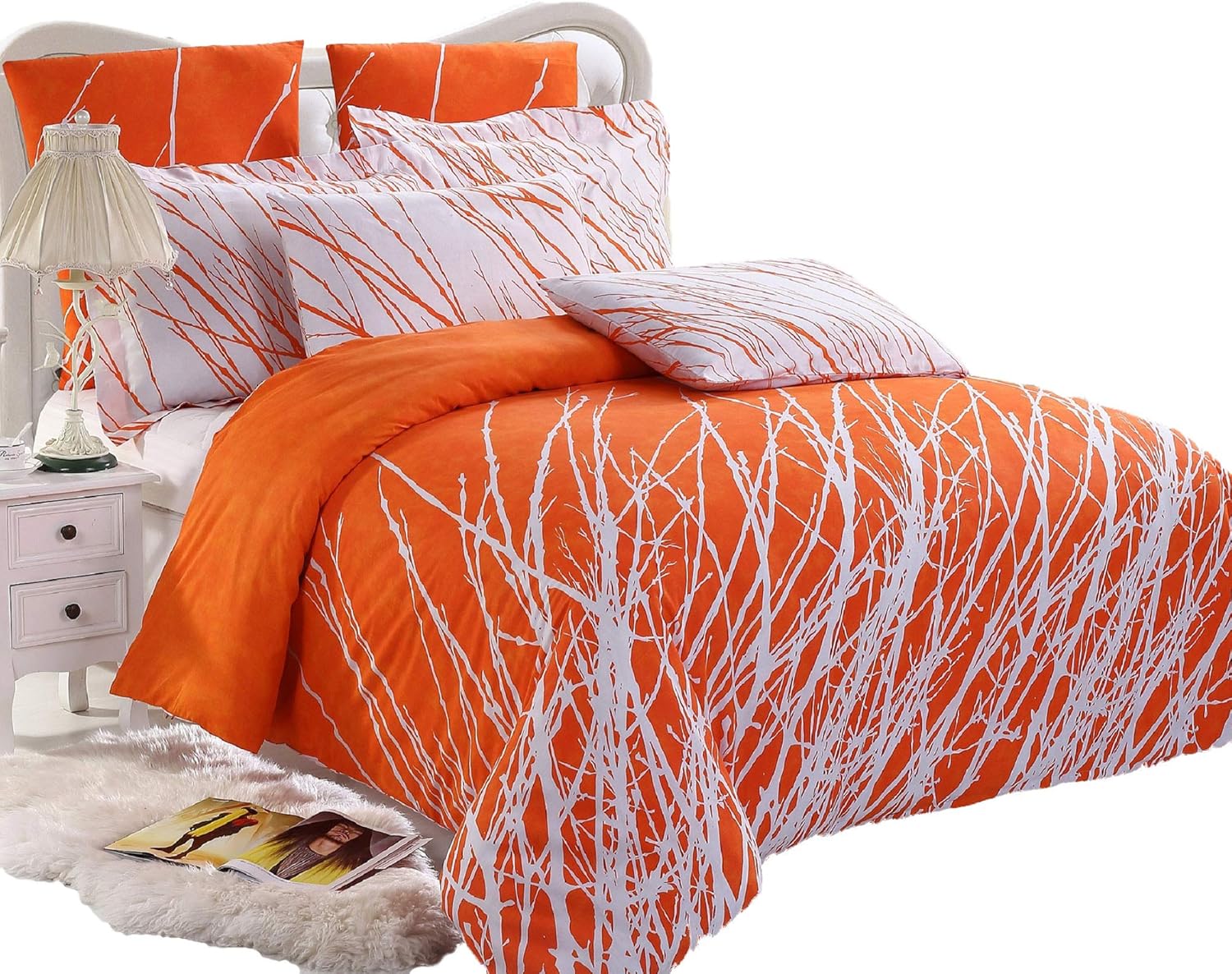Swanson Beddings Tree Branches 5-Piece 100% Cotton Bedding Set: Duvet Cover, Two Pillow Shams and Two Euro Shams (Orange-White, Queen)