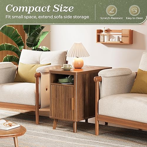 Miniatura 3 de Huuger Mesita de noche estrecha con estación de carga, puerto USB-C, juego de 2 mesitas de noche, mesa auxiliar acanalada con gabinete de