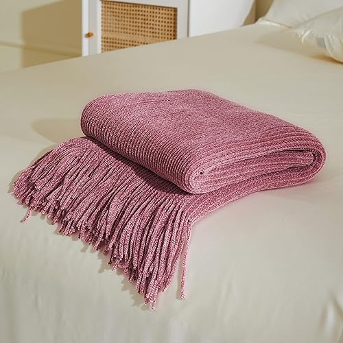 Miniatura 7 de Manta de punto de felpilla bohemia para sofá, 52 x 63 pulgadas, forro polar, ligera, acogedora y cómoda con flecos (rosa polvoriento)