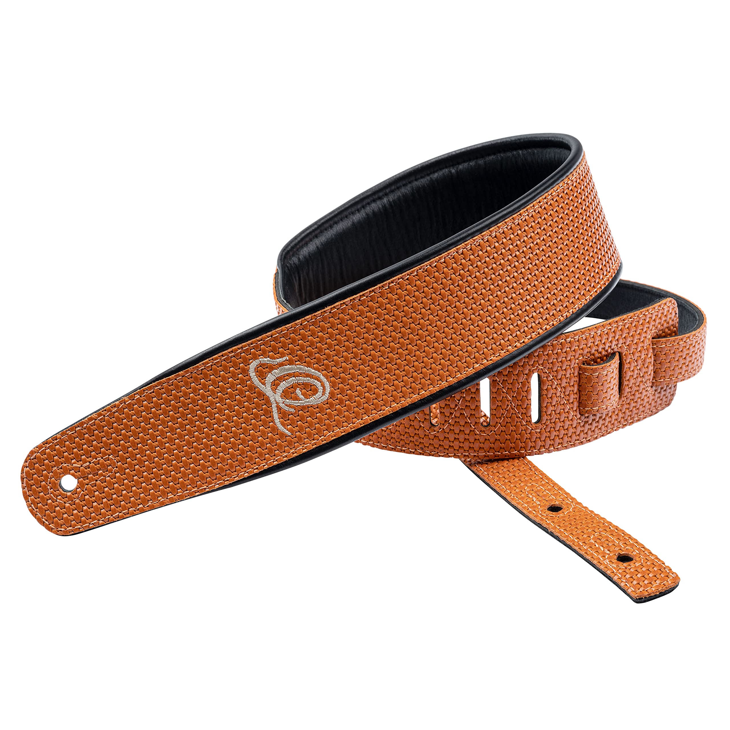 Ortega Guitars Gitarrengurt Länge Verstellbar - Akustik Gitarre / Bass, E-Gitarre, E-Bass - Custom Series - Echtleder, Orange Braid (OSCU-6)