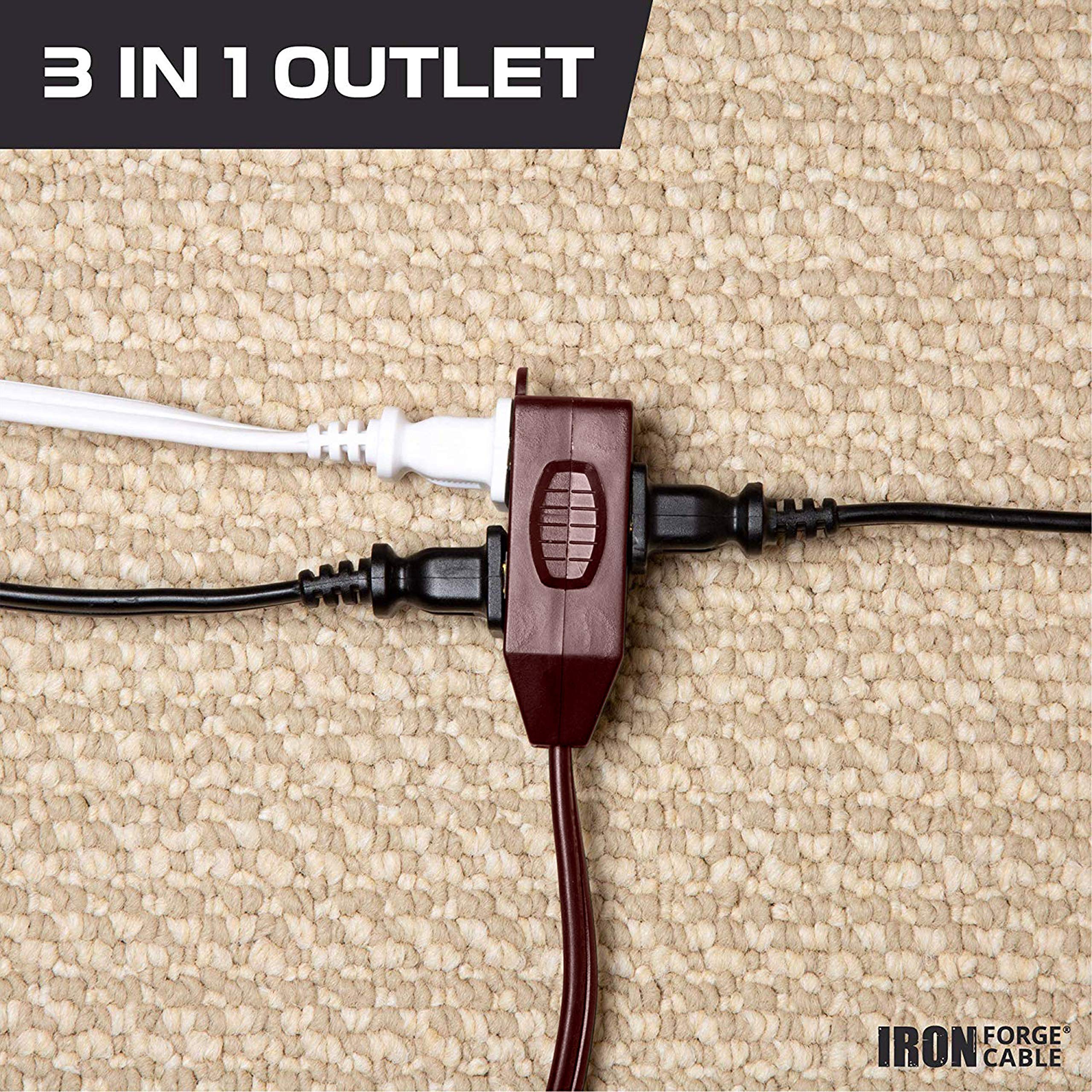 Cable de extensión IRON FORGE de 3 pies, color café, paquete de 2, cable eléctrico duradero de 16/2