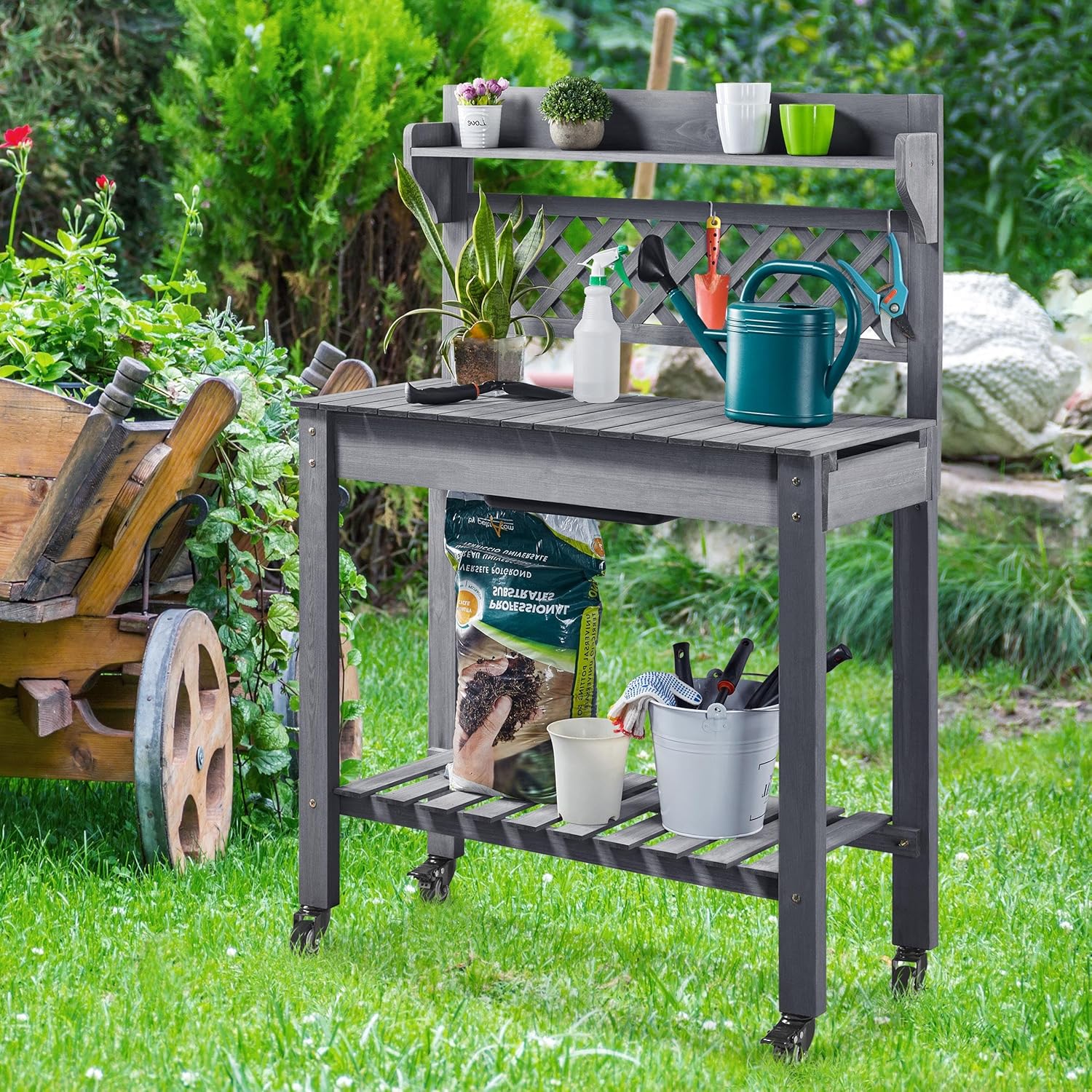 Yaheetech Potting Bench Table Outdoor Garden Potting Table Wooden Workstation w/Sliding Tabletop Removable Sink w/Storage Shelf Flower Pot Bench Mobile Garden Potting Bench Gray