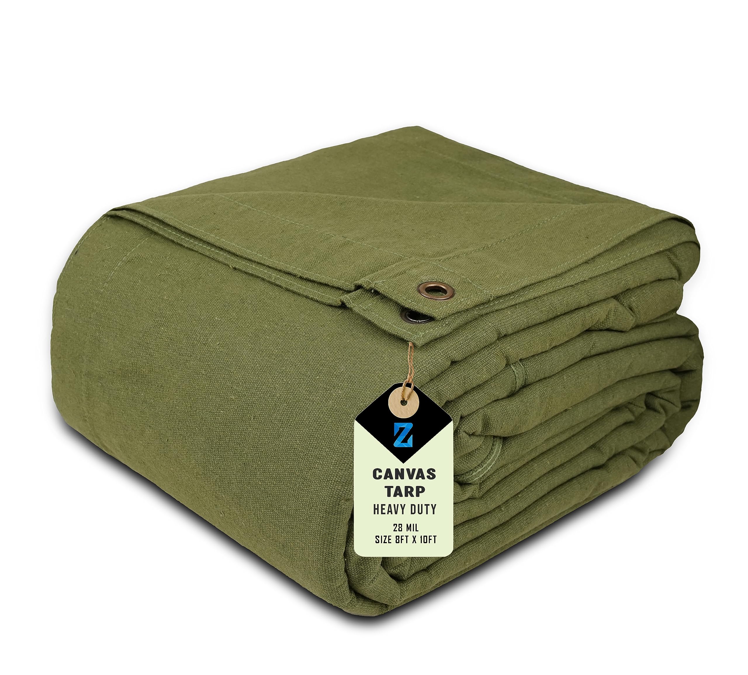 Zuperia 1 Pack Canvas Tarp, 8 Foot x 10 Foot, 28 MIL, with Rustproof Grommets, Water Resistant, Heavy Duty Multipurpose Tarpaulin Cover for Canopy Tent, Roof, Camping, Woodpile (Olive Green)