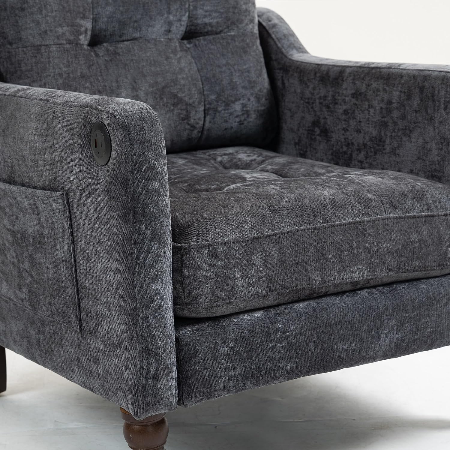 Accent Comfy Chenille Chair W/USB Charging Port,High-Support Rebound Sponge, Comfy Upholstered Arm Chair W/Side Storage for Living Room Bedroom.