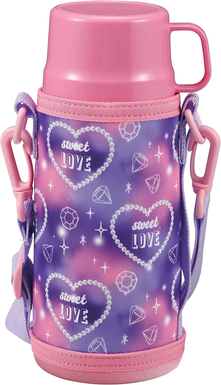 CAPTAIN STAG UE-3531 Water Bottle, Direct Drinking, Cup, Double Stainless Steel Bottle, Vacuum Insulated, Heat Retention, Cold Insulation, 2 Way, Kids Bottle, 20.3 fl oz (600 ml), Includes Shoulder Strap Cover, Heart