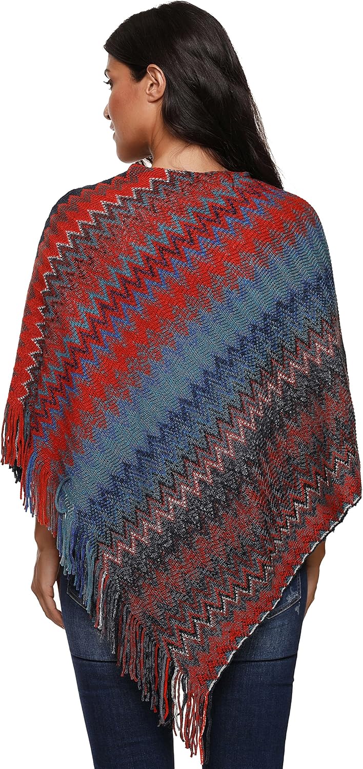 SherryDC Women's Zig-Zag Knit Tassel Fringed Pullover Poncho Sweater Cape Shawl Wrap - Image 2