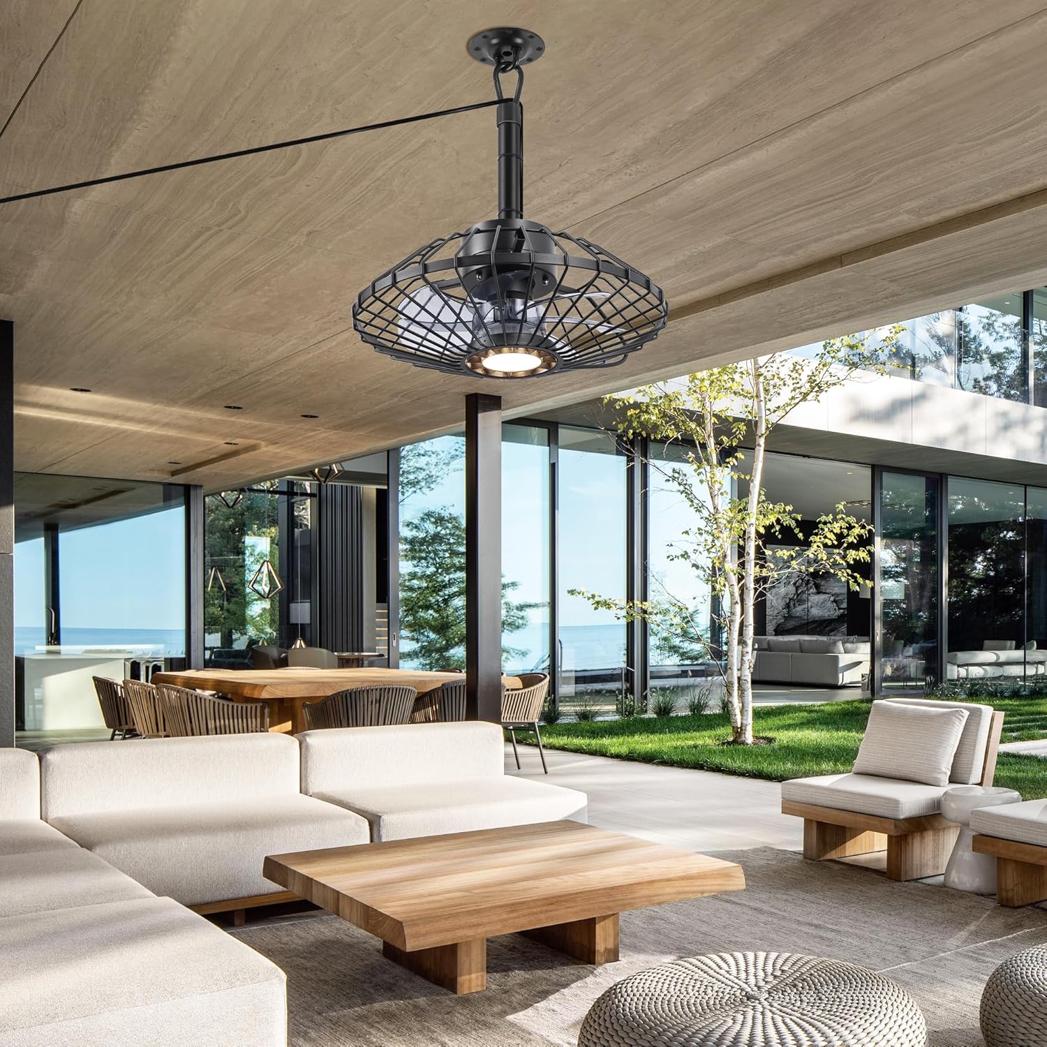 Outdoor Ceiling Fan with Lights, 15" Weatherproof Gazebo Hanging Fan with Remote Control Smart App, Plug in Caged Ceiling Fan with 3CCT Dimmable,Ceiling Fan with Hanging Hook for Porch, Pergola,Canopy