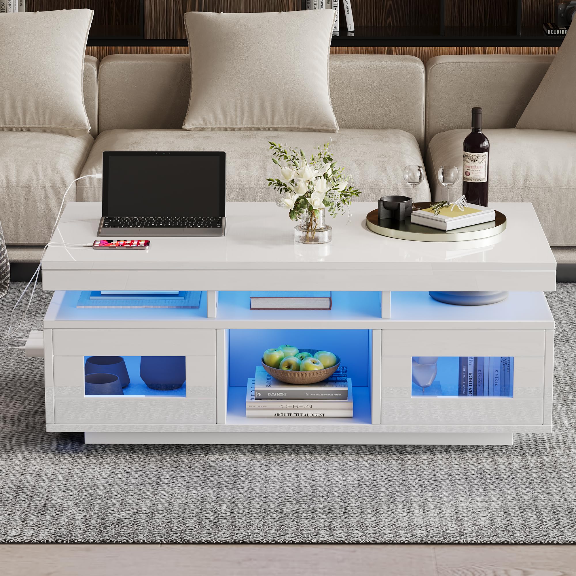 100 × 50 × 43 cm, mesa de centro brillante, con luces LED controlables mediante aplicación móvil, mesa de salón con armario, mesa de sofá con puerto de carga y enchufe, adecuada para oficina, estudio