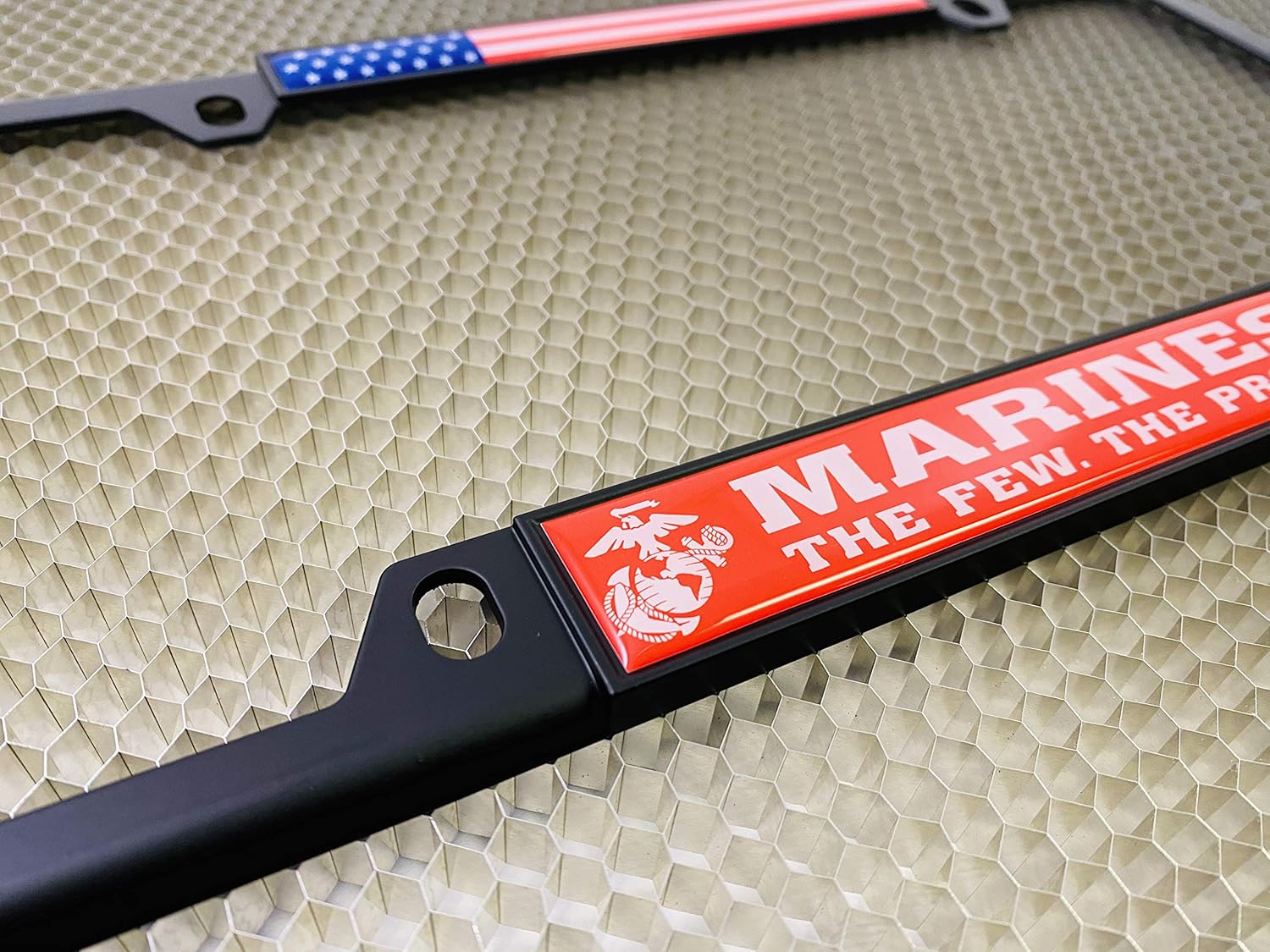 [Officially Licensed USMC Product] - Marines. The Few. The Proud. - Domed Custom-Made Personalized Narrow (Thin) Top 4 Hole Metal Car License Plate Frame with Free caps - Black (Qty: 1 Frame)