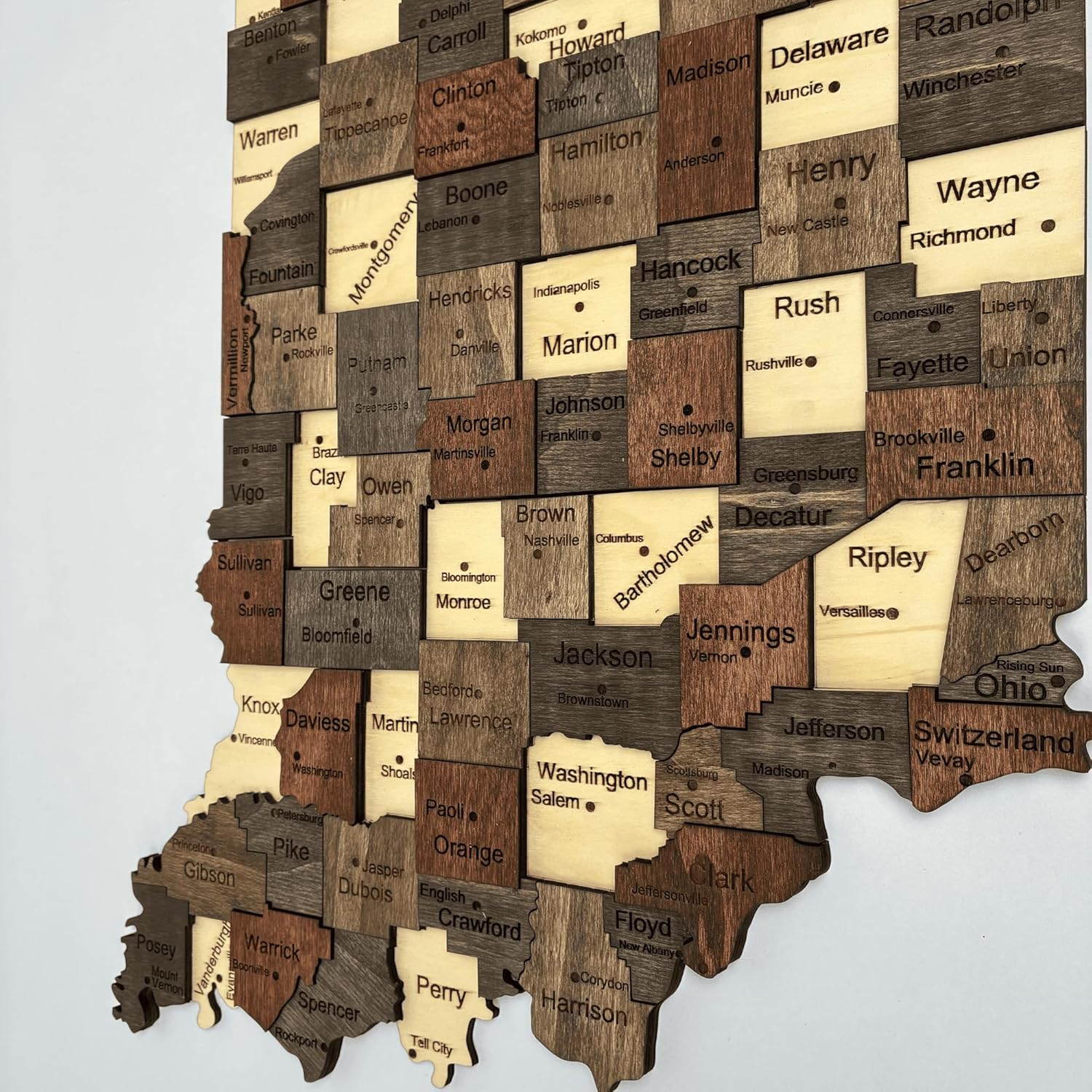 3D Wooden Indiana Map - Handcrafted Hoosier State Wall Art, Detailed Indiana Decor for Home and Office (Mocha)