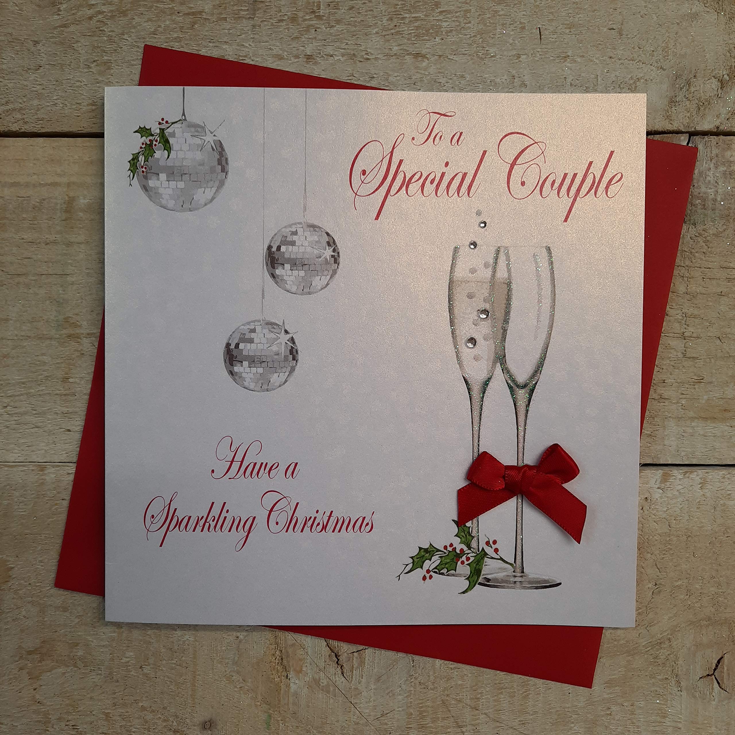 White Cotton Cards To a Special Couple Have a Sparkling Christmas Handmade Card in Champagne Flutes Design
