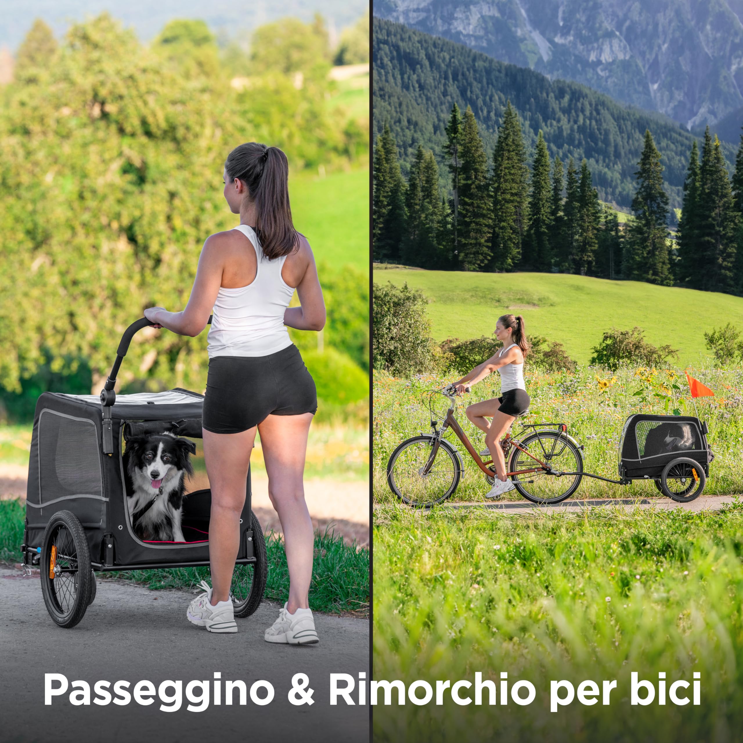 Rimorchio Bici Cani 2 in 1 – Carrello e Passeggino Pieghevole con Cuscino per Cani fino a 30 kg – Con Attacco, Bandierina, Compatibile con Bici Elettriche – Nero