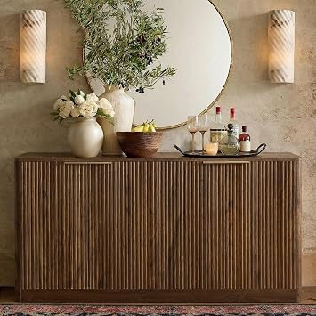 59" Fluted Buffet Cabinet Sideboard with Storage, Large Credenza with 4 Doors, 2 Adjustable Shelves, Wood Mid Century Modern Sideboard for Kitchen and Living Room, Walnut Brown