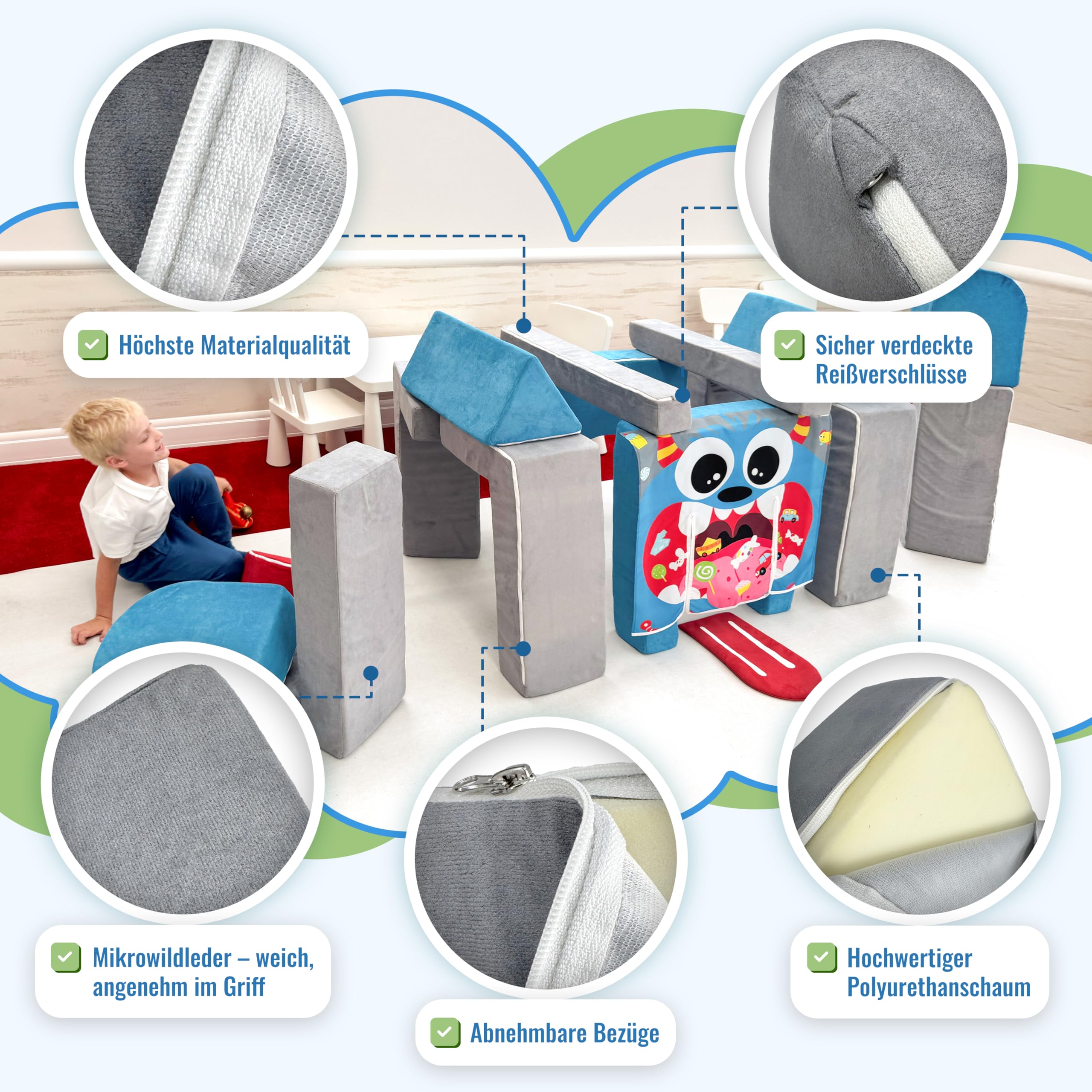 HAPPS Spielsofa – modulares Kindersofa & Kuschelecke – 18 Teile, 12 cm Polsterdicke – waschbare Bezüge & verdeckte Reißverschlüsse – Spielcouch zum Bauen, fördert Kreativität