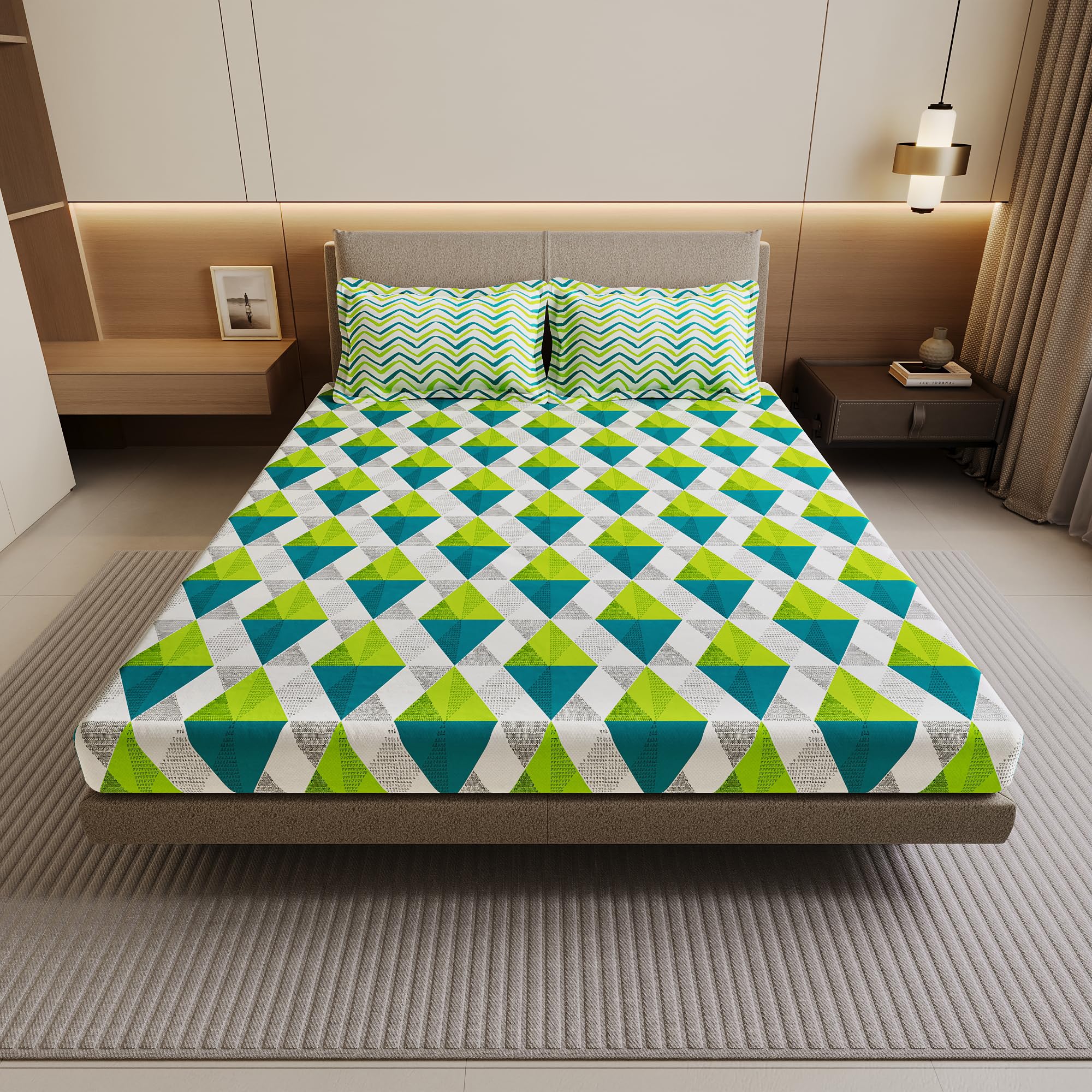 Divine Casa 144 TC Cotton Bedsheet for Double Bed with 2 Pillow Cover (222 x 254 cm, Aqua Lime, Geometric)