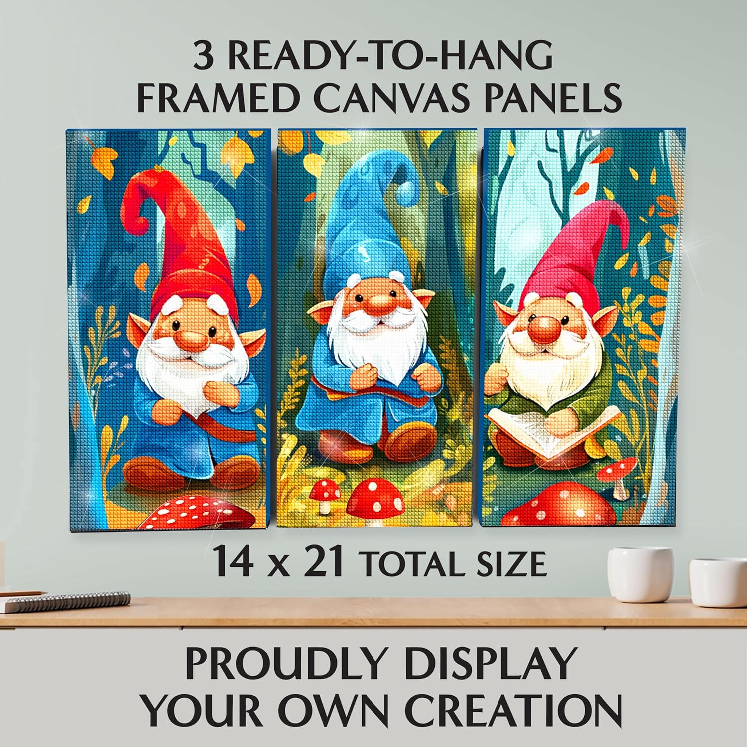 ArtSkills Diamond Painting Kit, Diamond Art Ready to Hang Framed Canvas with Storage and Accessory Kit, Gnomes, 3 Stretched Canvas Panels, 14” x 7” Each