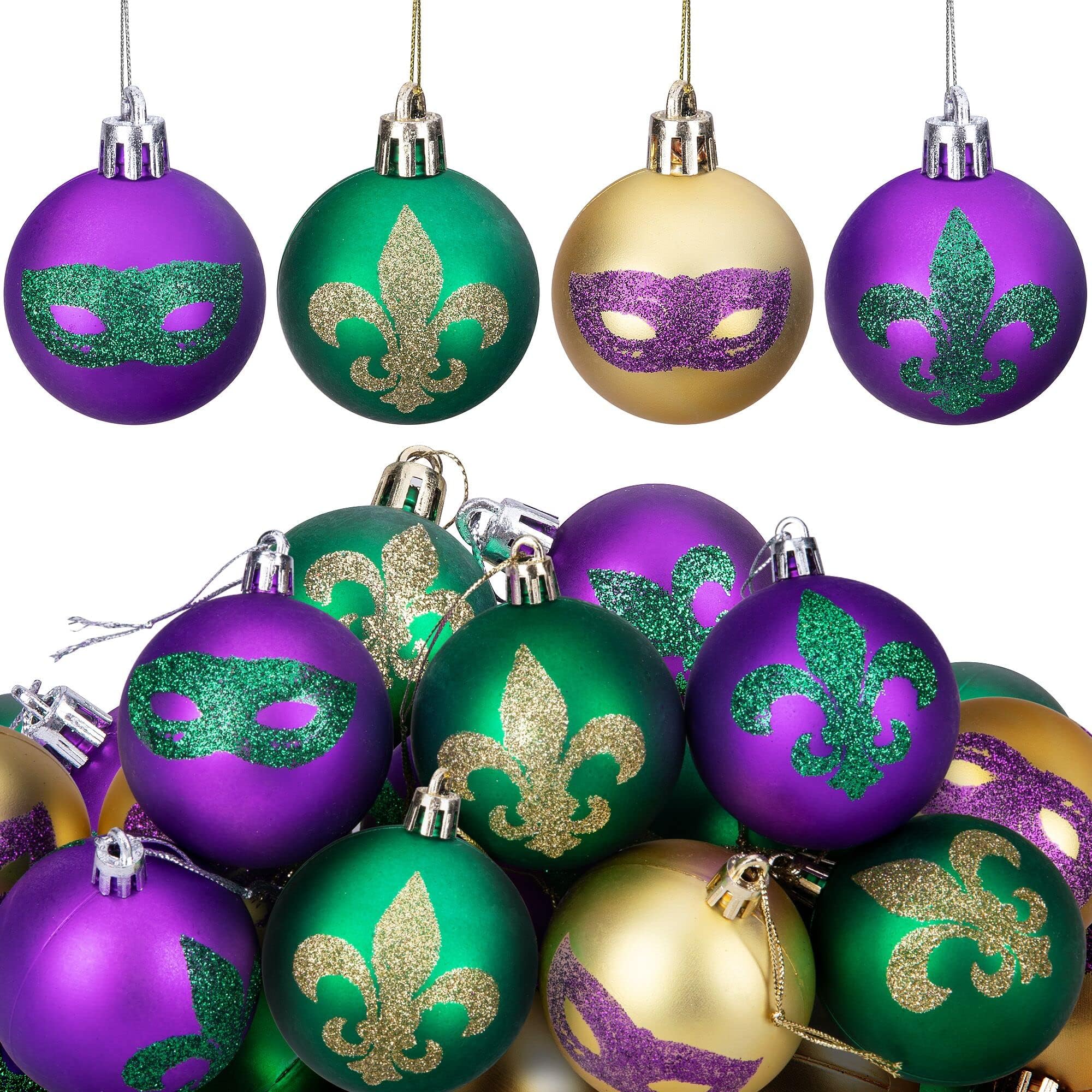 Deloky24 PCS Mardi Gras Hanging Ball Ornaments-1.57 Inch Mardi Gras Shatterproof Ball-Purple Green Gold Tree Ornaments for Mardi Gras New Orleans Masquerade Party Decoration