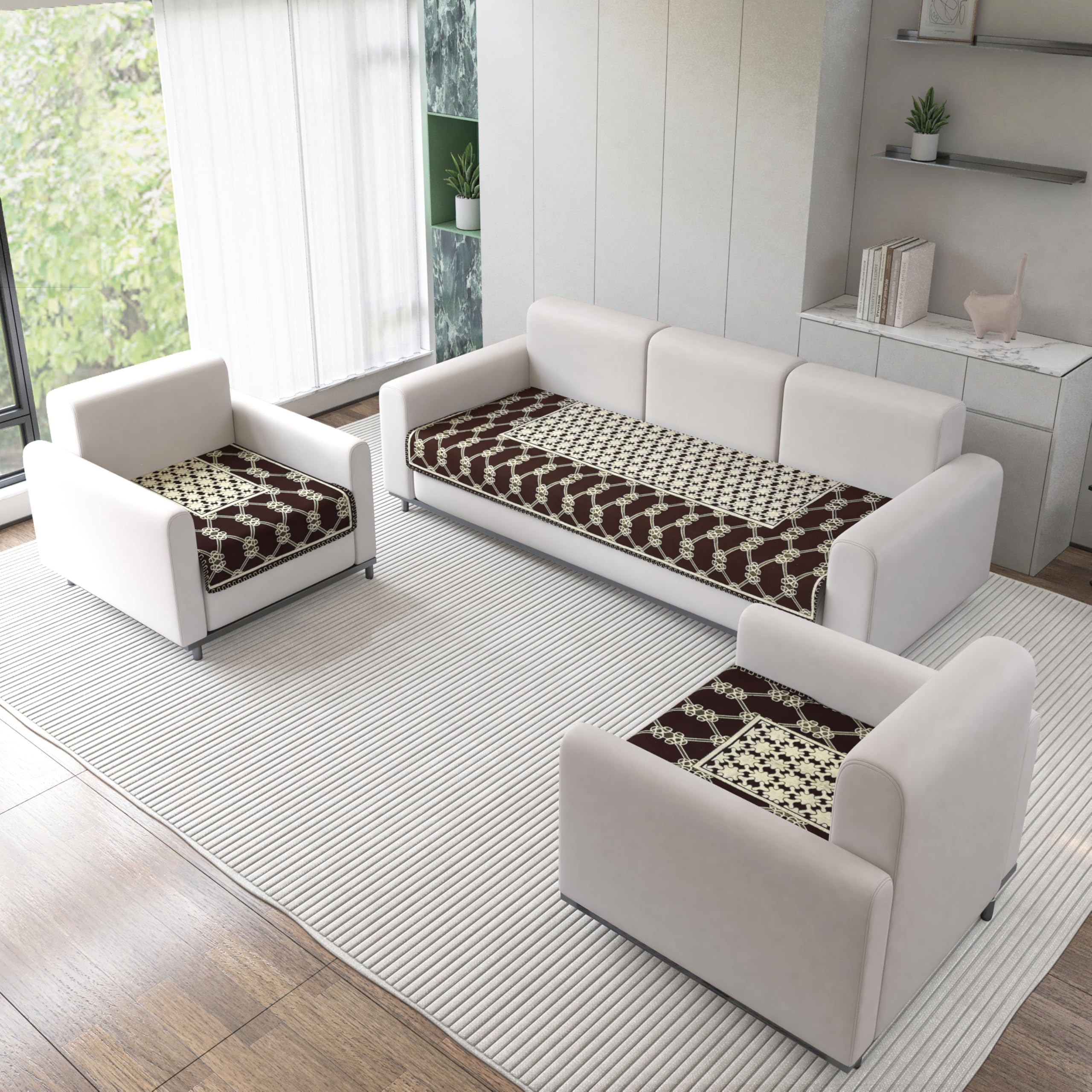 Nendle Luxurious Cotton Sofa Cover Mat Set for 5 Seater Sofa (3+1+1), Abstract Dot Design Furniture Protector Cover, Machine Washable Sofa Seat Cover for Living Room (Brown, 3 Pieces)
