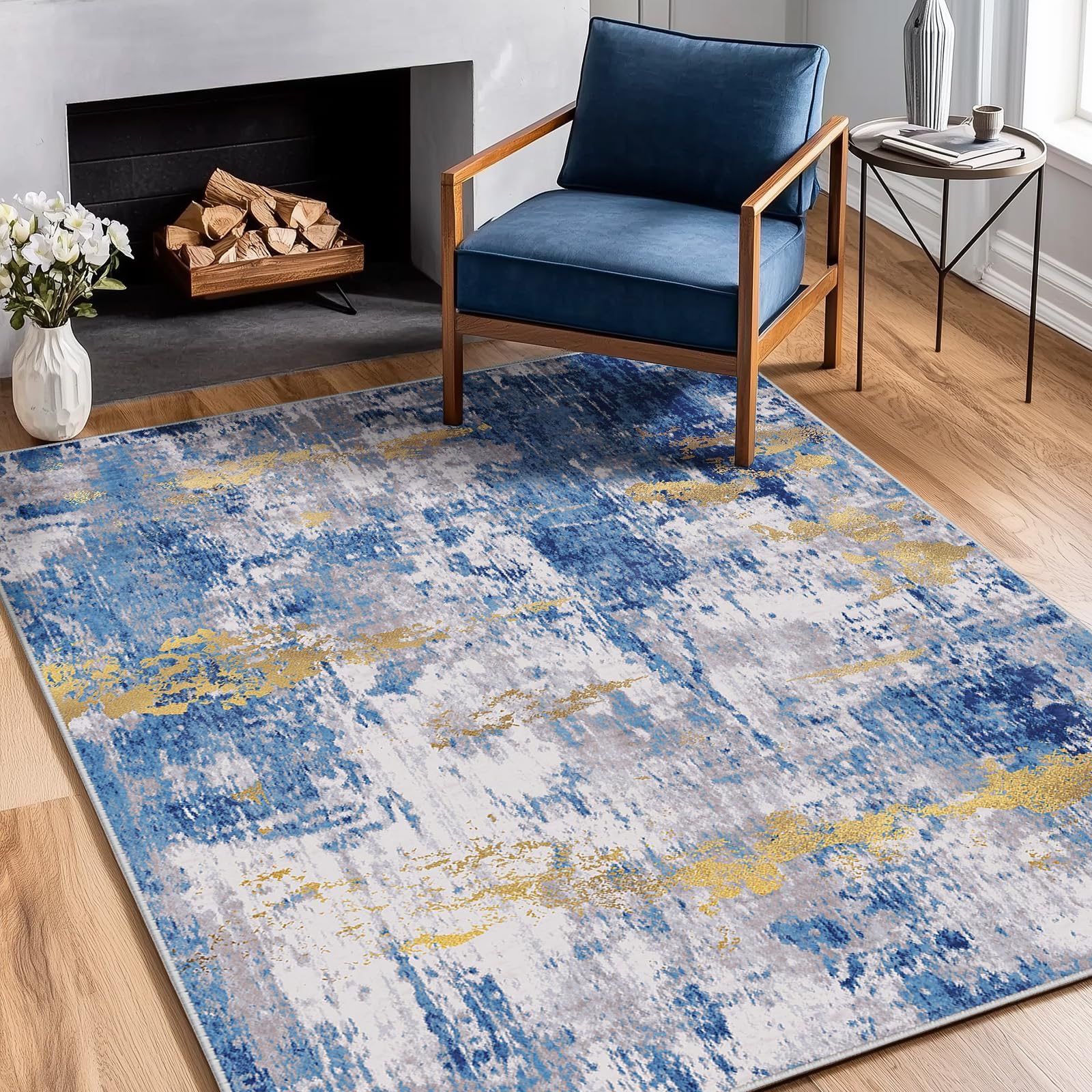 Washable Area Rugs 3'x5' Non-Slip Modern Abstract Soft for Living Room Entryway Bedroom Nursery, Print Pattern, Grey Blue Gold/Golden