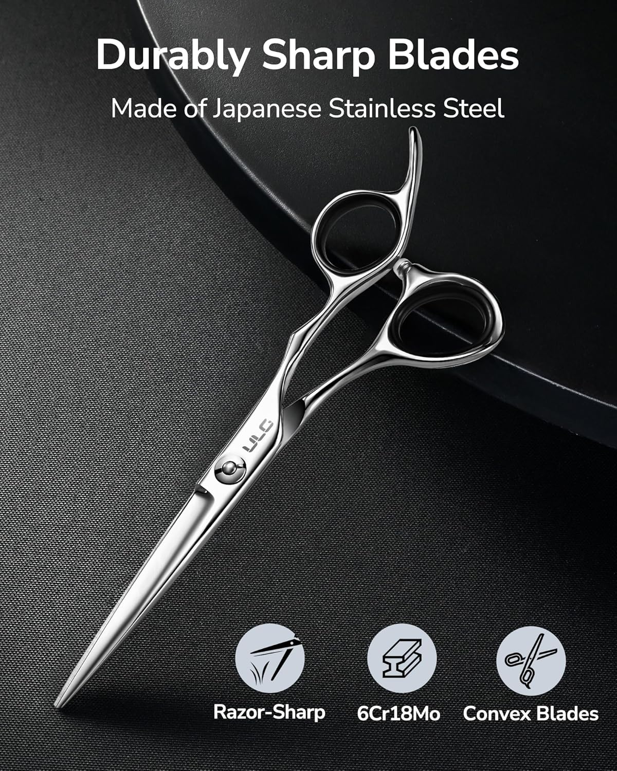 ULG Professional Hair Cutting Scissors 6.5 Inch – Japanese Stainless Steel Barber Shears for Salon & Home Haircut, Ergonomic Offset Handles with Silencer, Hand-Honed Sharp Blades, Silver