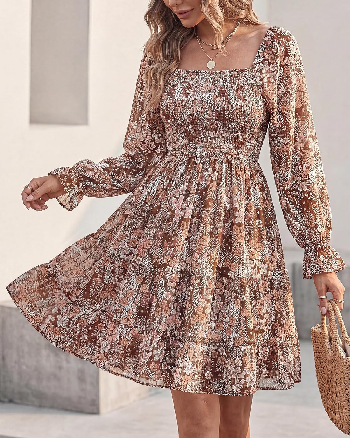 BTFBM Womens Long Sleeve Dress Summer Vacation Square Neck Smocked Floral Mini Boho Spring Wedding Guest Dresses 2026